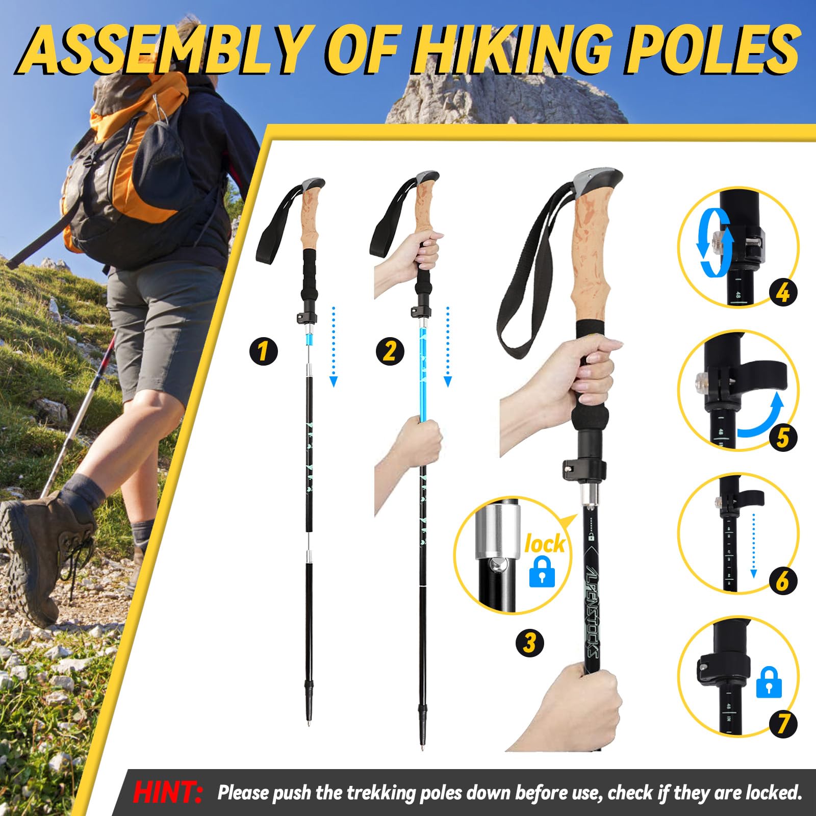 Bastoncini da Trekking Pieghevoli, Bastoni Telescopici da Trekking con Manico in Sughero, 6 Paia di Puntali in Gomma, Adatto per Escursioni, Alpinismo e Viaggi, Nero