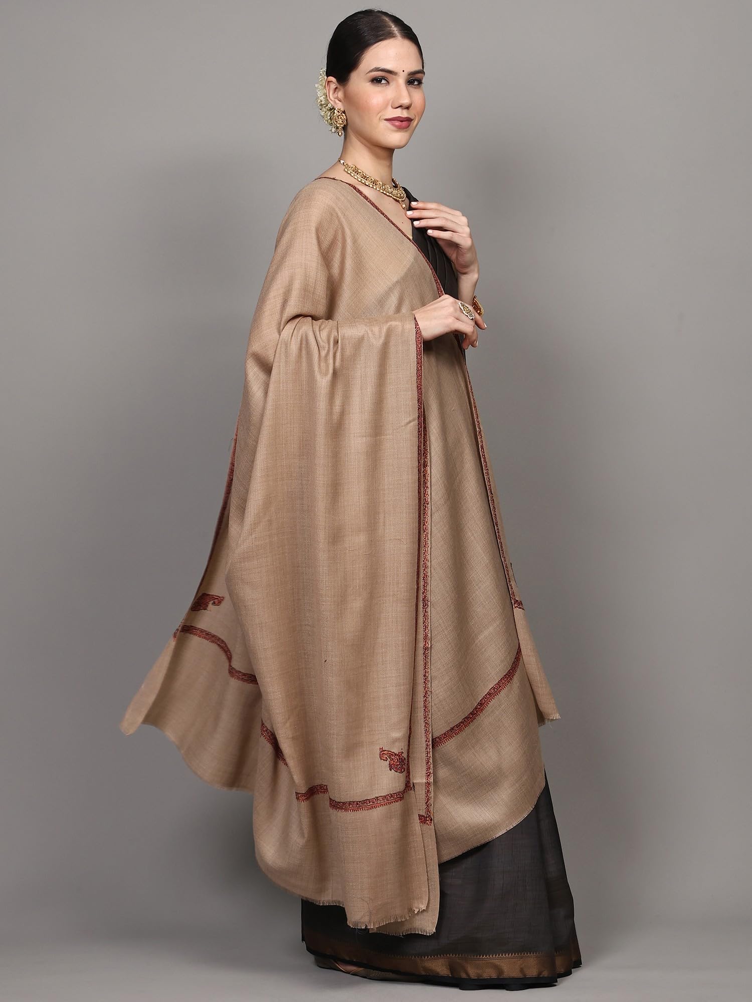Exotic India Plain Kashmiri Kingri Shawl with Sozni Hand-Embroidery on Border