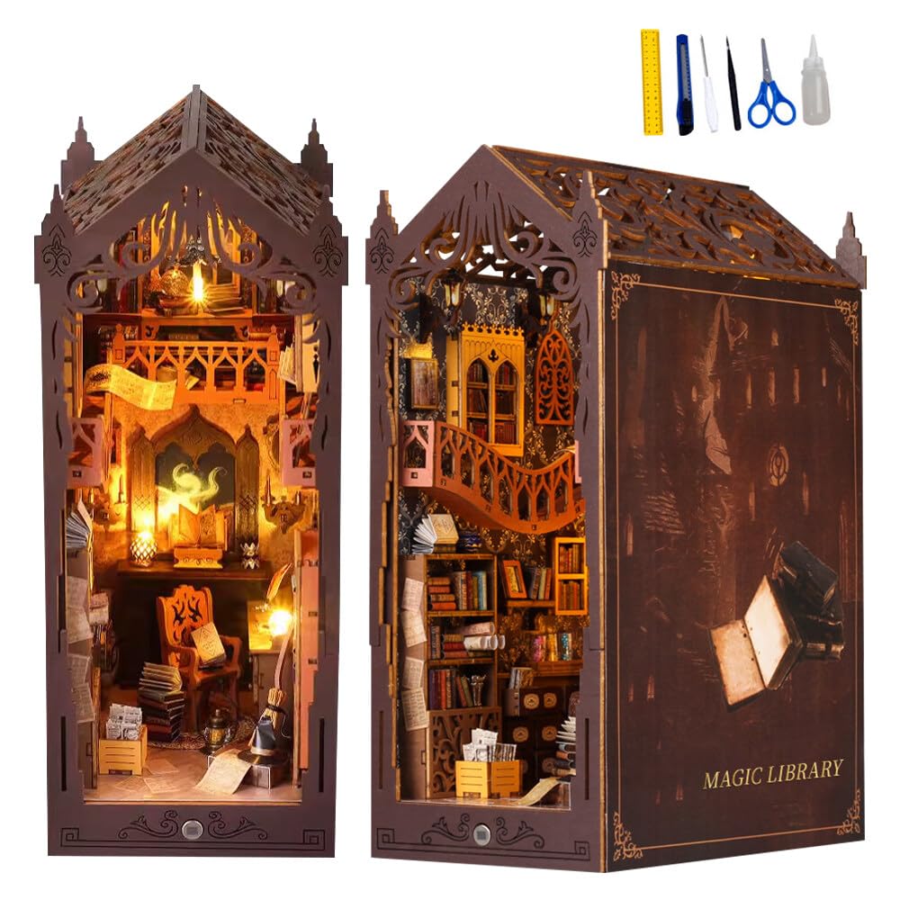 Nook-1 domek dla lalek, miniaturowy domek dla lalek, miniaturowy świat z oświetleniem LED, drewniane puzzle 3D, kącik regałowy, wkładka do książek, dekoracja biblioteki i prezenty
