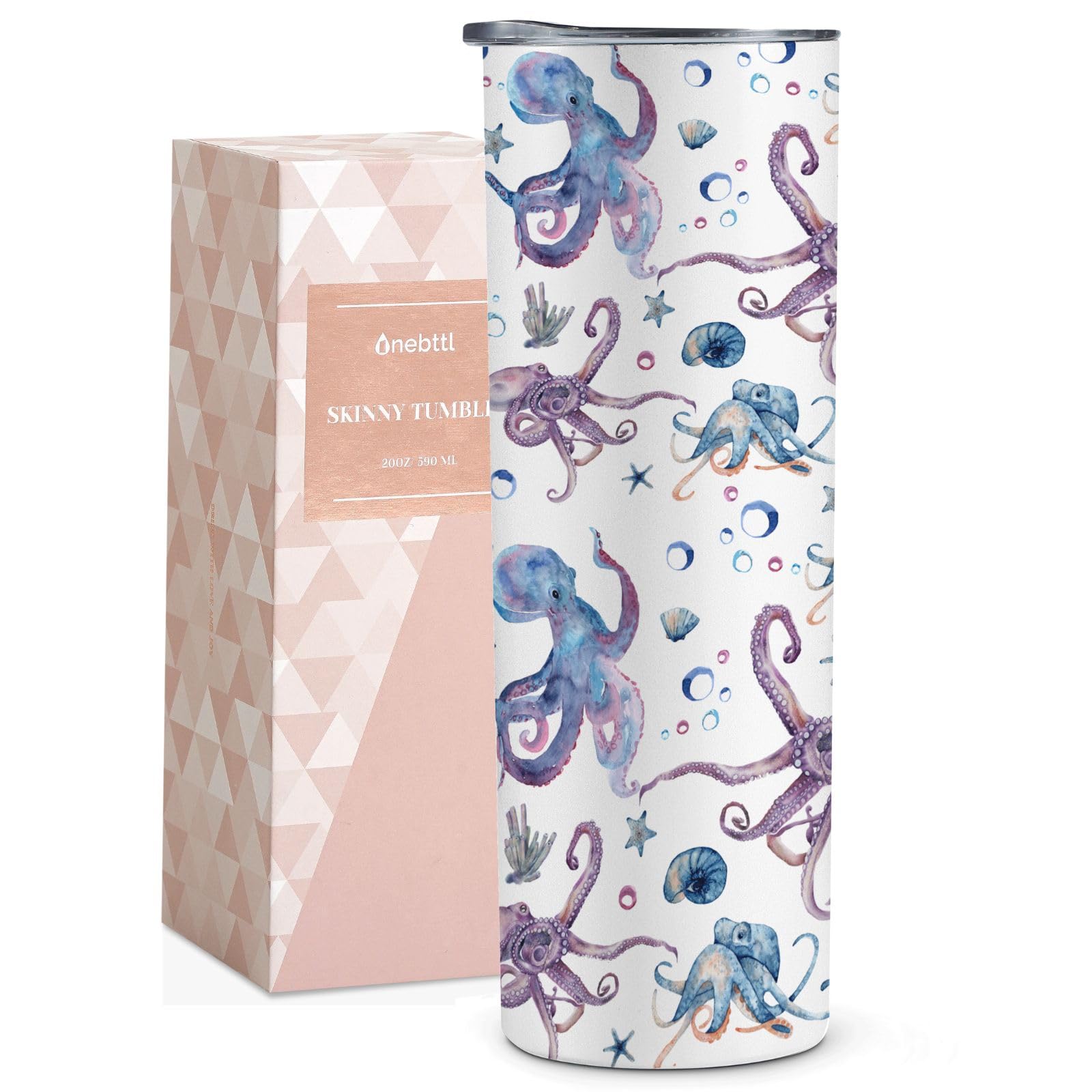 Onebttl Octopus Gifts for Women, Allover Pattern Vintage Squid Octopus Cup, 20 oz Skinny Tumbler with Lid and Straw, Ocean Lovers Gifts for Christmas/Birthday, Gift Box Included