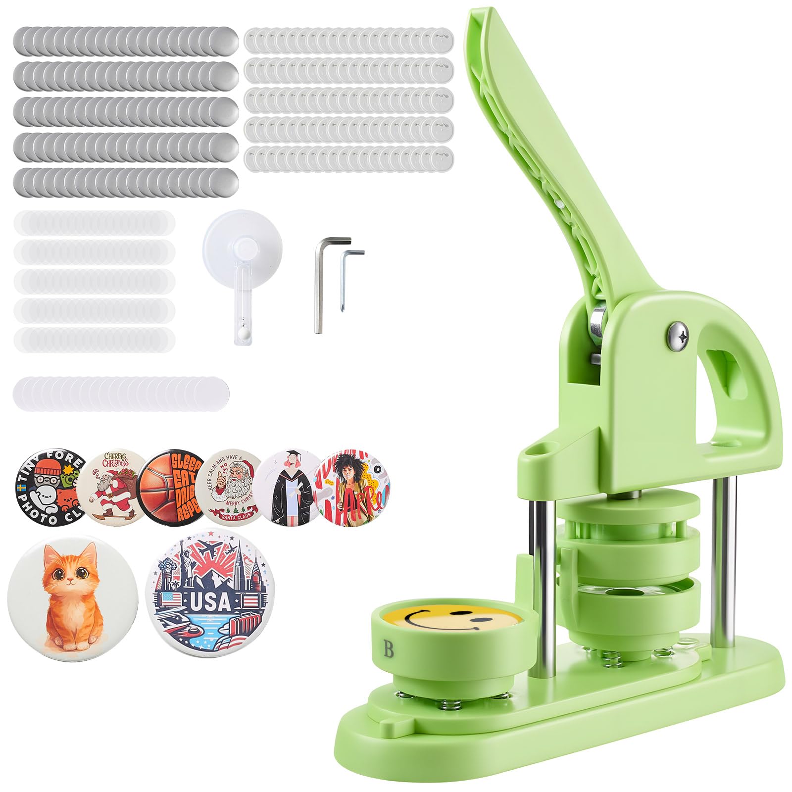 VEVOR Macchina per Spille Rotonde, Macchina Punzonatrice con 100 pezzi Kit per Fustellatrice Manuale per Badge 58 mm, Impugnatura Ergonomica, per Spille Personalizzate Fai da te (Verde)