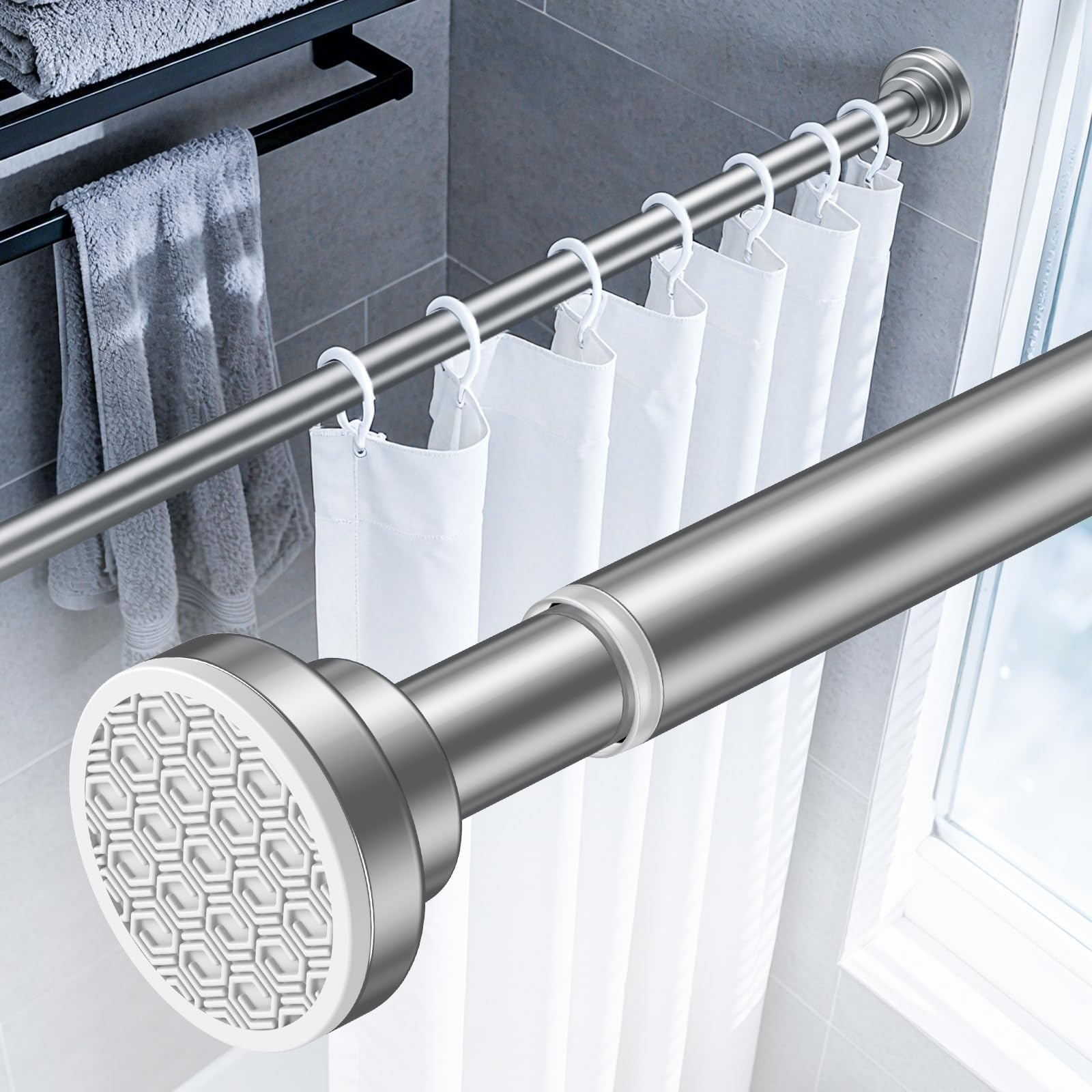 Uniclife Duschvorhangstange Ohne Bohren, 82–204 cm Verstellbare Spannstange, Rutschfeste Feder-Duschstange, Rostfreier Edelstahl, Geeignet Für Bad, Fenster Und Kleiderschrank, Silber