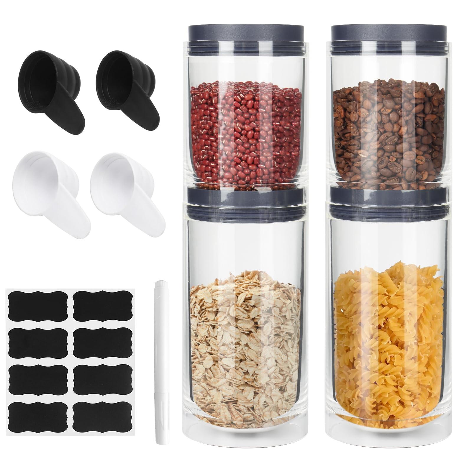 Ulable4 Pack Plastic Containers with Lids Airtight Tea Coffee Sugar Canisters Spice Jars Stackable Kitchen Storage Containers with Spoons and Stickers Acrylic Food Storage Cans 850ml & 1250ml