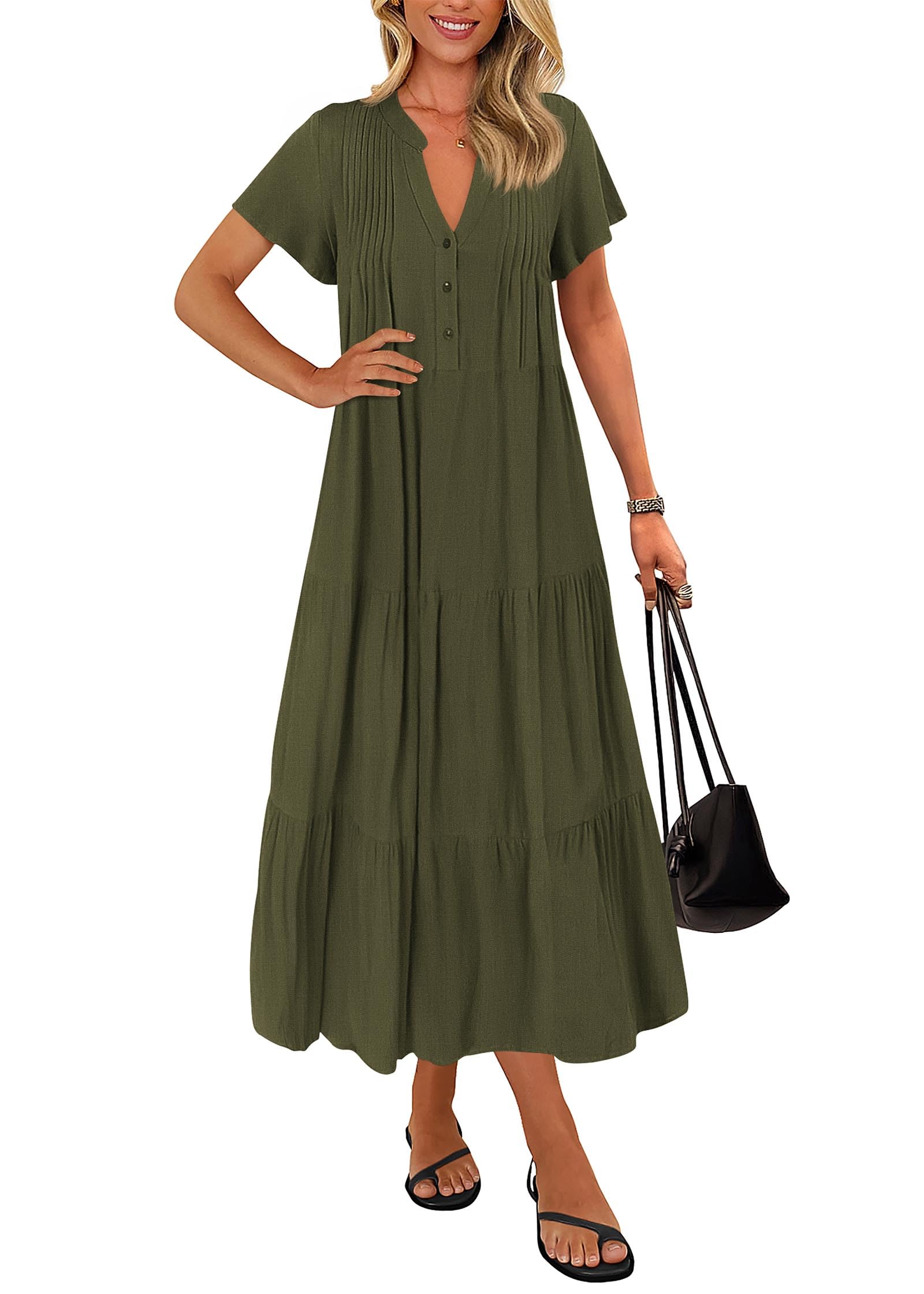 KIRUNDO Summer Maxi Dresses for Women 2025 Spring Fashion Short Sleeve Button V Neck Pleated Loose Tiered Swing Flowy Dress