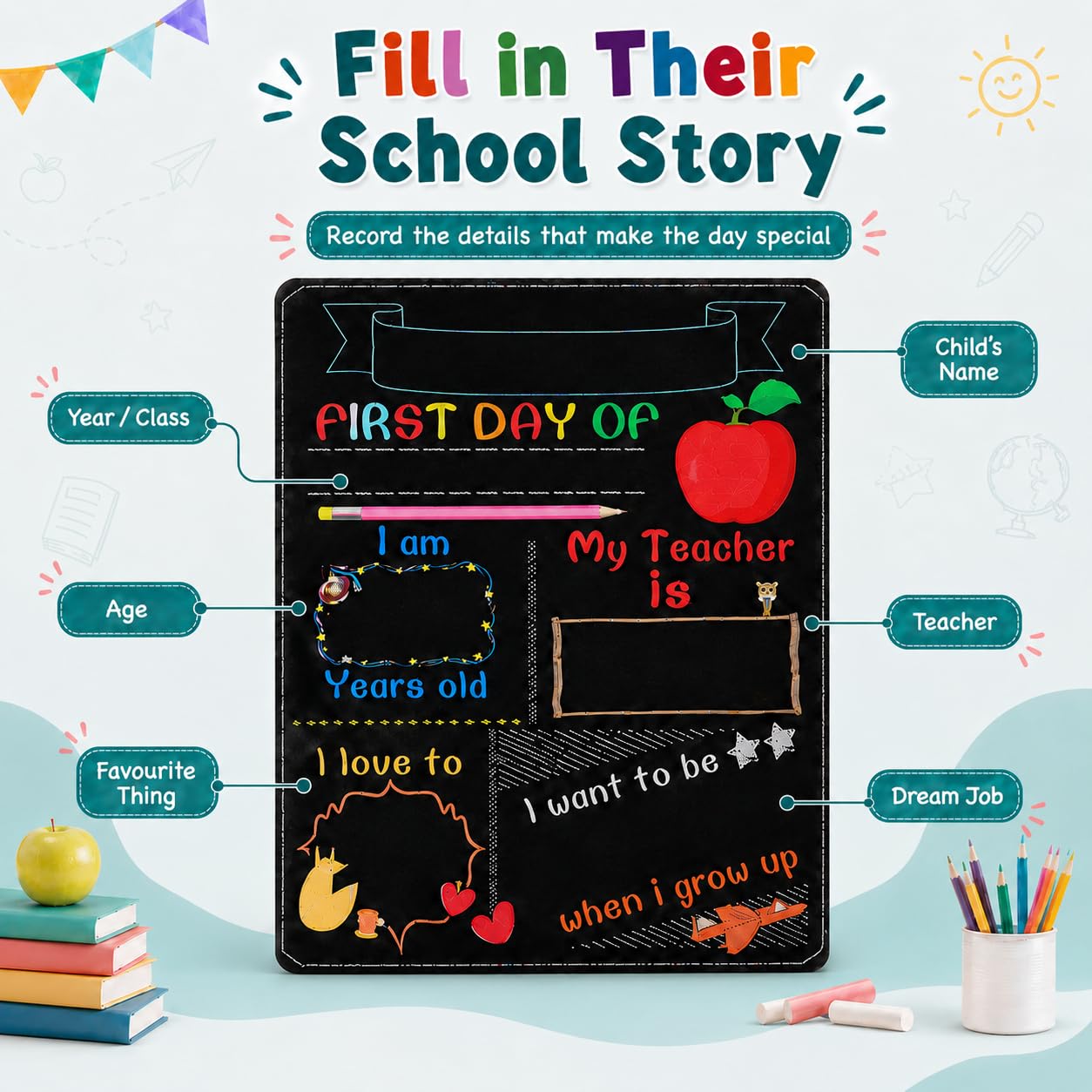 NUOBESTY Lavagna del primo giorno di scuola - Il mio primo giorno di scuola | Riutilizzabile Back to Schools Sign First & Last Day double face Milestone Photo Prop per bambini (24,9 x 19,8 cm)