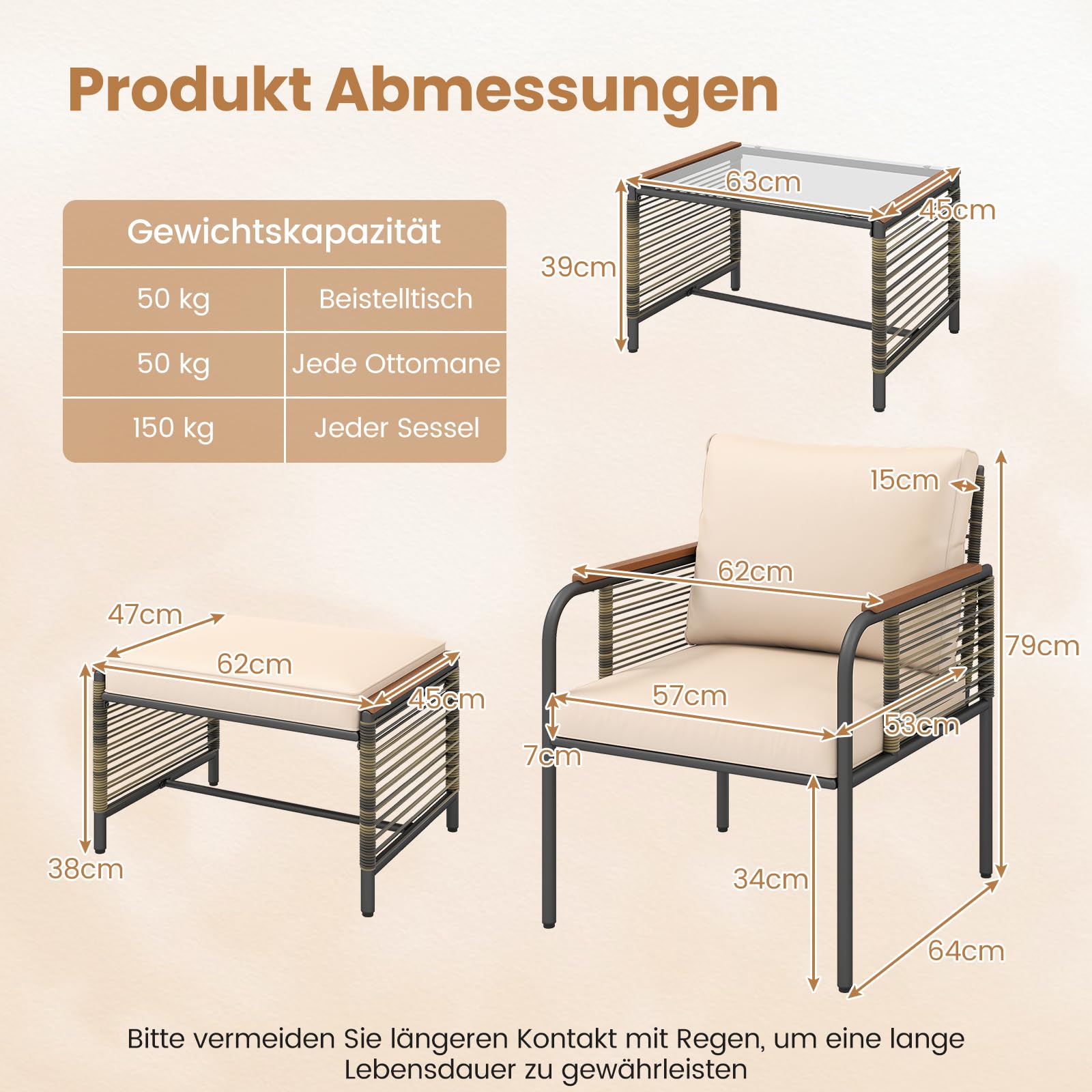 COSTWAY Rattan Gartenmöbel Set, Balkonmöbel, Balkonset inkl. 2 Stühle mit Kissen, Hocker & Tisch, Terrassenmöbel, Gartengarnitur, Sitzgruppe für Garten, Balkon, Terrasse (Beige)