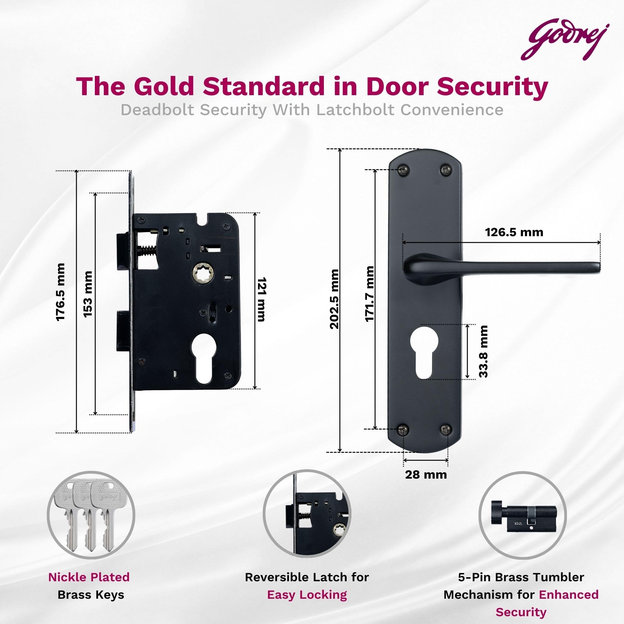 Godrej Mortise Lock I Handle Set 1CK EM02 I 6-Lever Lock I 3 Keys I Double Throw I 5" Handle I Left/Right Handed Door Operation| for Office & Internal Doors | Antique Brass Finish I 5 Year Warranty 2