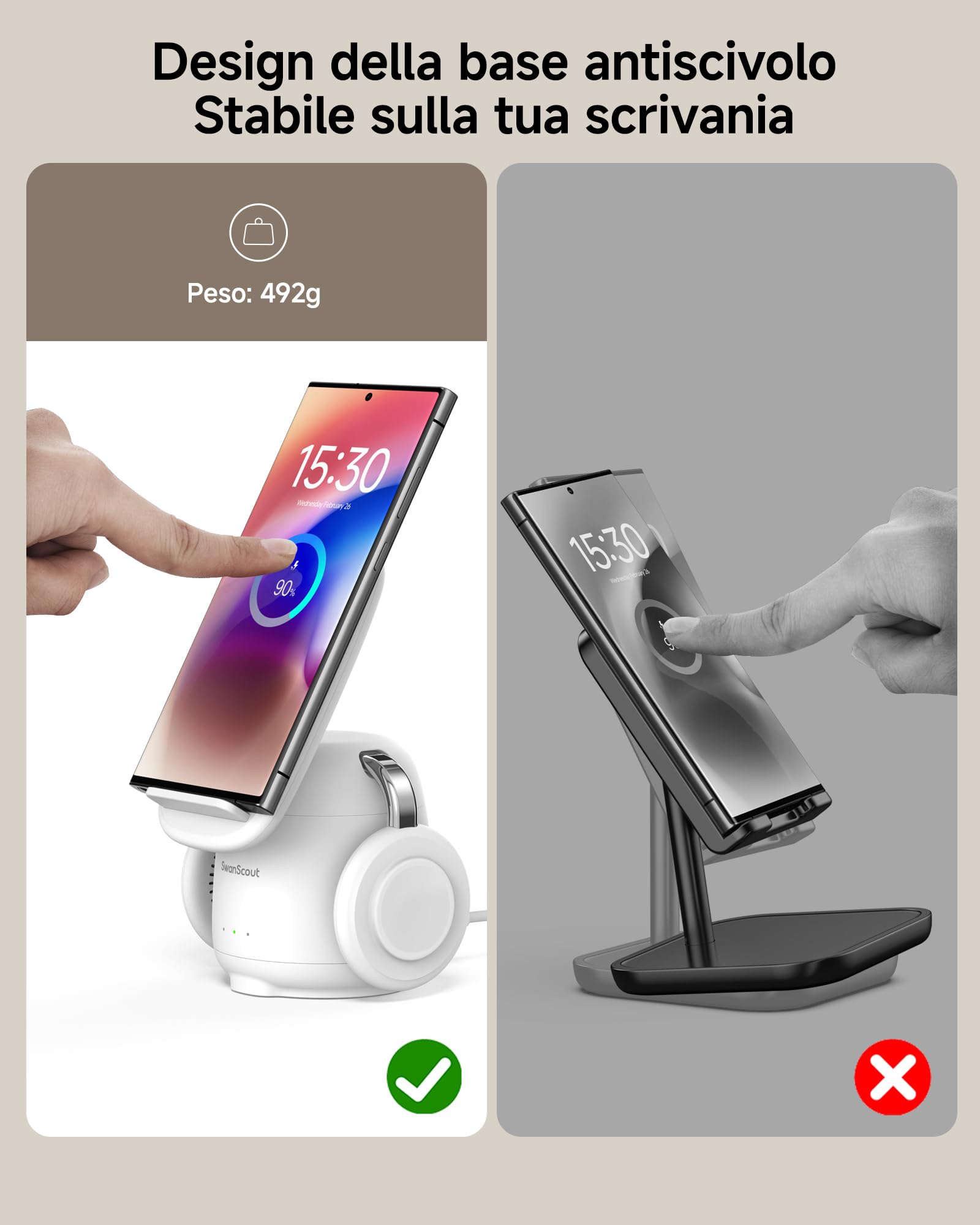 Caricatore Wireless per Samsung S26+, 3 in 1 Stazione di Ricarica per Samsung S25/S24/S23/Z Flip7/Z Fold 7, Ricarica Wireless per Galaxy Watch 8/Ultra/7/6/5/Buds 4, SwanScout 707S (No Adapter)