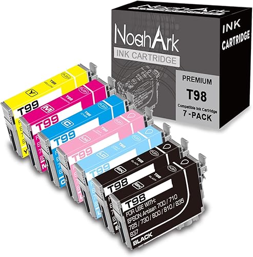NoahArk Paquete de 7 cartuchos de tinta remanufacturados T098 T099 para impresora Epson 98 99 para Artisan 700 710 725 730 800 810 835 837 (2
