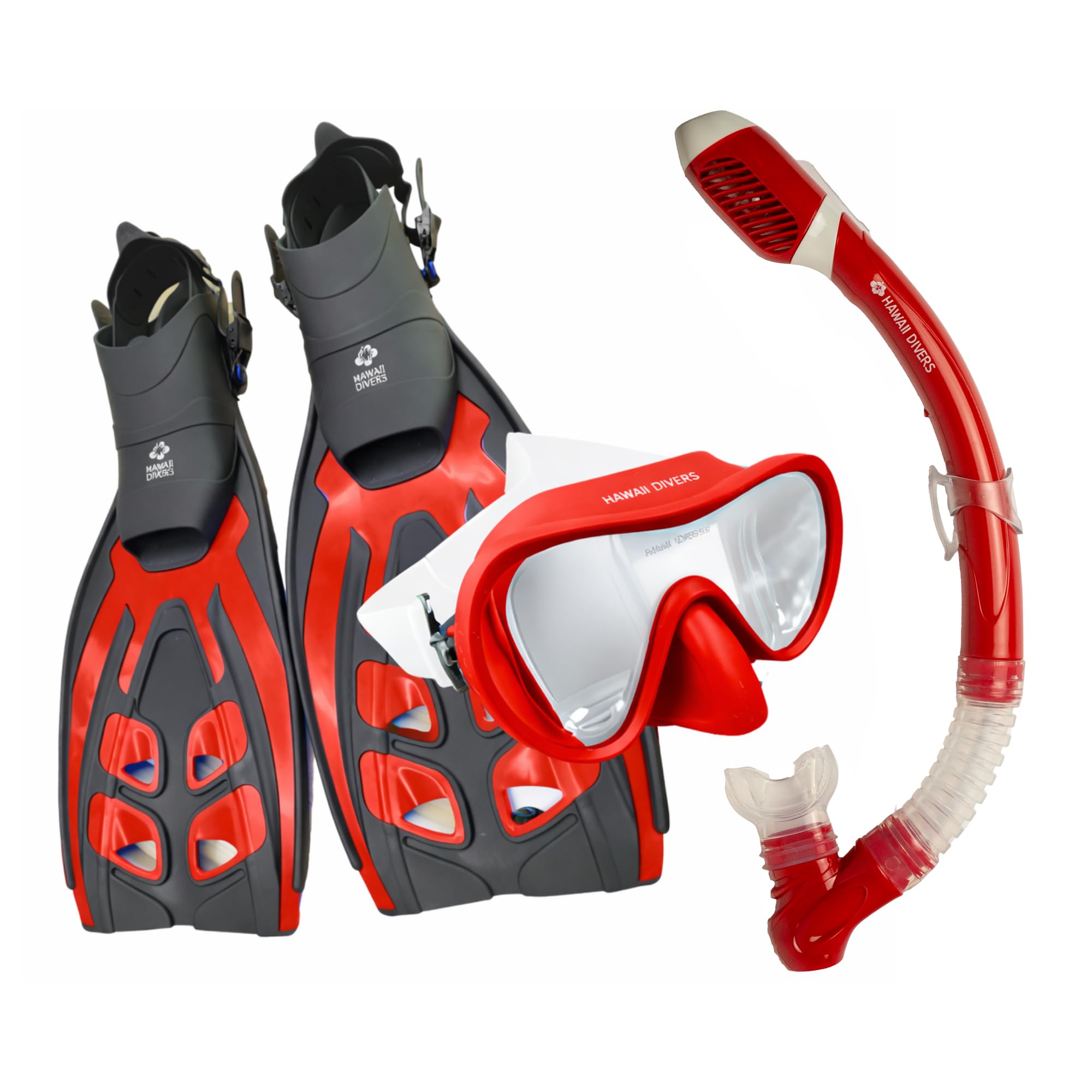 Hawaii Divers Deep Sea Adult - Snorkeling Set, Tempered Glass Snorkel Mask, Dry-Top Snorkel Gear, Adjustable Fins