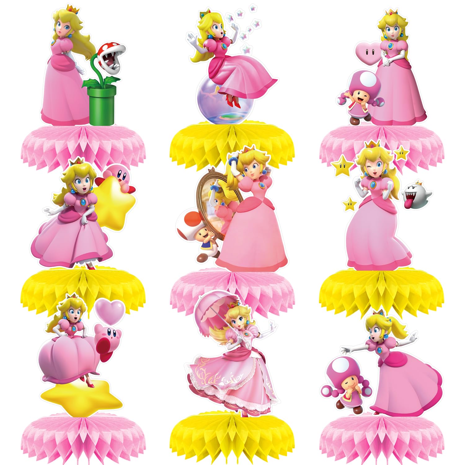 9Pcs Princess Peach Birthday Party Supplies,Princess Peach Honeycomb Centerpieces,Mario Theme 3D Table Decorations
