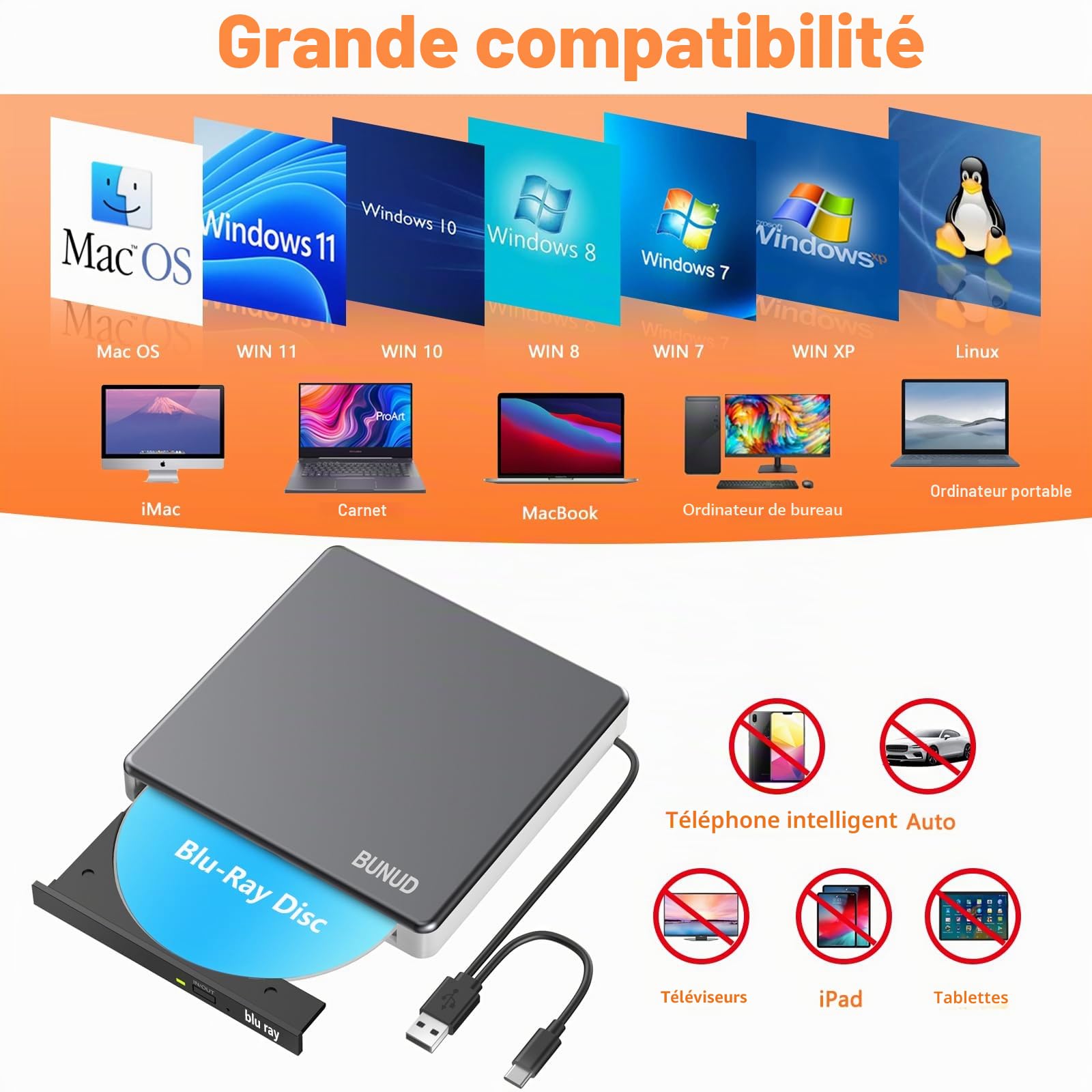 Lecteur externe Blu-ray CD DVD USB 3.0 & Type-C Graveur CD/DVD Blu-ray 2 ports USB & SD/TF Compatible PC Portable Windows 11/10 Mac MacBook