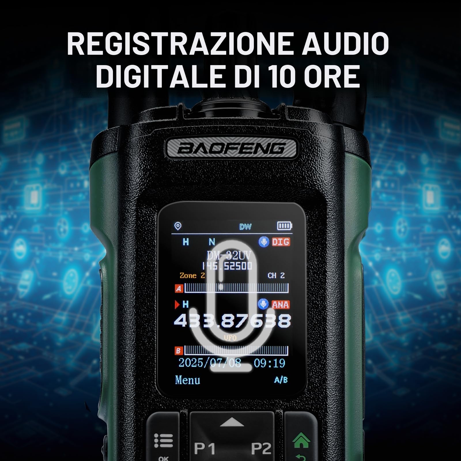Radio BAOFENG DM-32UV DMR 10W portatile UHF/VHF/AM/FM con GPS e APRS digitale, doppio slot Tier II, display 2", 4000 canali, zielona