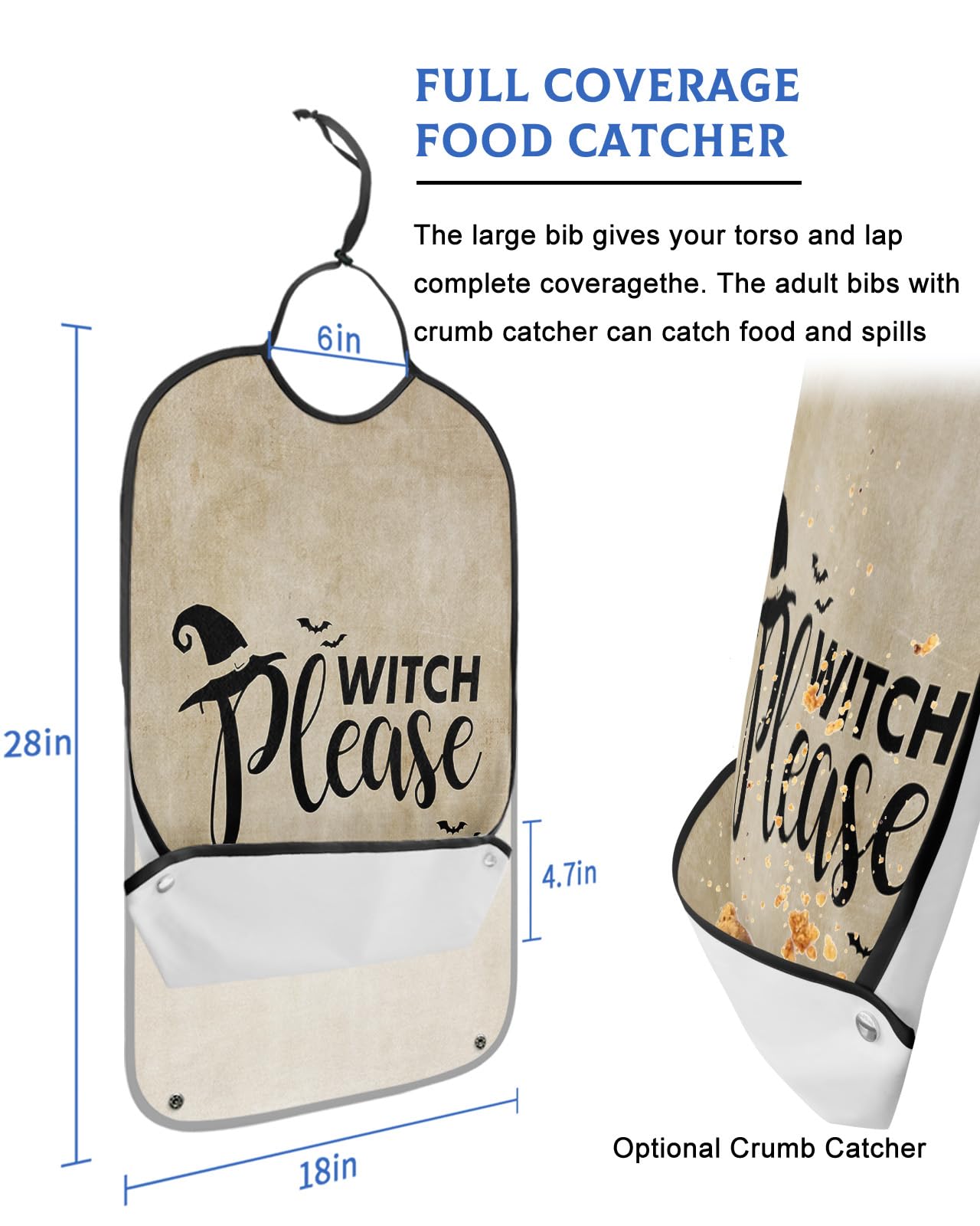 Happy Halloween Adult Bibs for Eating, Waterproof Bibs with Food Catcher & Adjustable Snap Closure, Please Witch Rustic Retro Brown Washable Clothing Protectors Adult Bibs for Elderly Women/Men