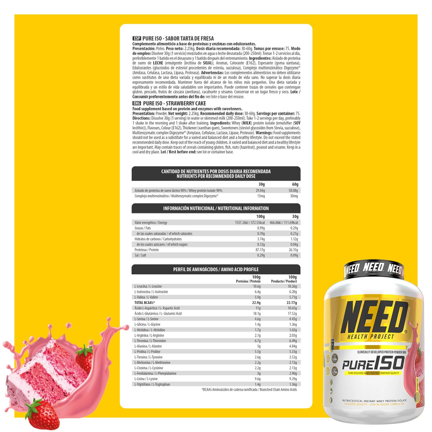 NEED - Proteina Isolada Whey en Polvo de Alta Pureza | Proteina Whey Premium para Masa Muscular, Definición y Recuperación | Sin Azúcares Añadidos | 2250 g | Sabor Strawberry Cake
