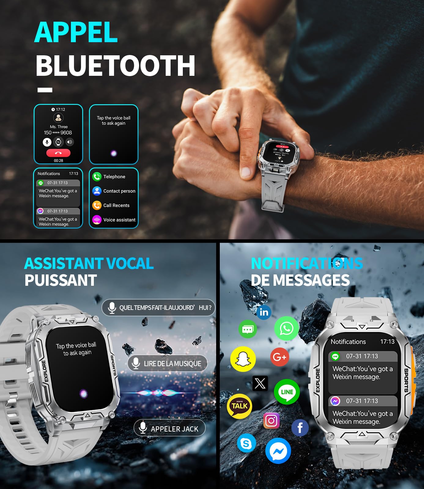Montre Connectée Homme avec 1000 mAh, Smartwatch Homme LED Lampe 2.01'' Écran HD, Montre Intelligente Santé Cardiaque Sommeil Tension Artérielle 120+ Modes Sportifs