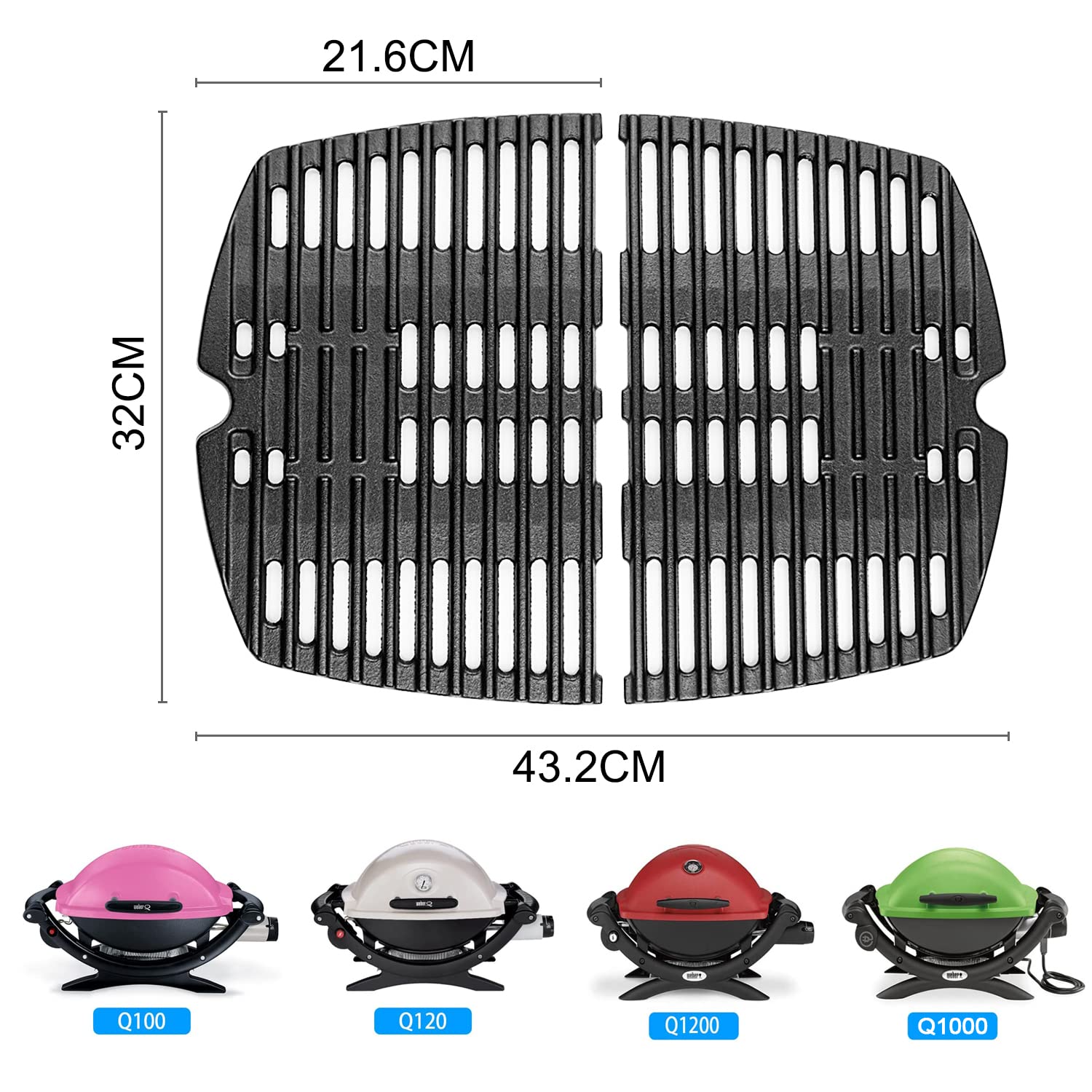 7644 Grillrost Gusseisen Ersatzteile für Weber Q100, Q1000, Q120, Q1200, Q140, Q1400 Gasgrill, 32cm x 21.6cm Guss Grillroste Zubehör für Weber Grill Baby-Q Gas Grill Ersatz, 2Pack