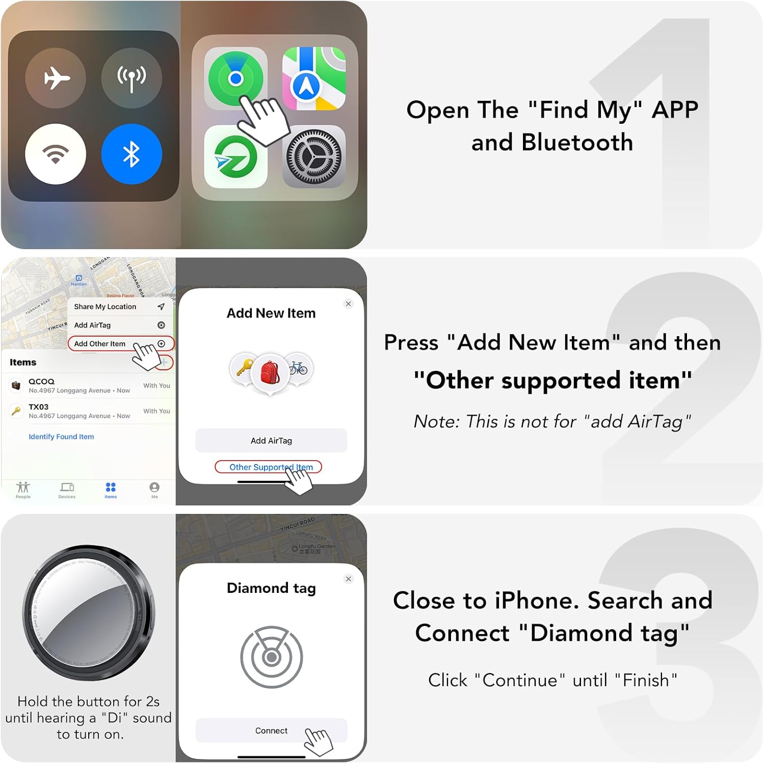 An iPhone displaying the 'Lost Mode Activated' screen in the Apple Find My app, showing information about a 'Chuangyuan Digital Diamond tag' and options for contacting the owner. A hand holds the physical tag next to the phone.