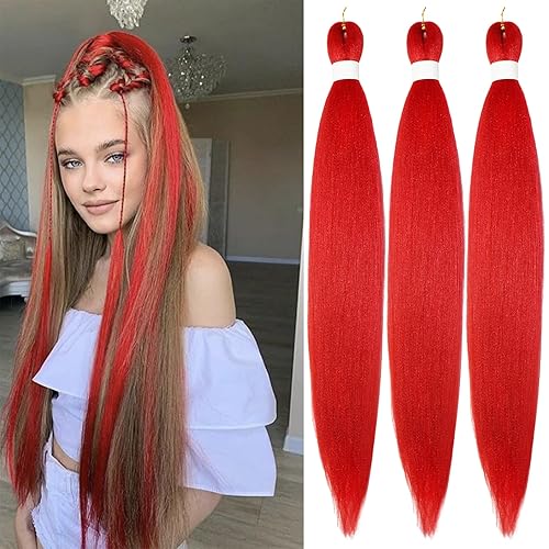 Miniatura 1 de Cabello trenzado rojo preestirado, extensiones de cabello Kanekalon Box de 26 pulgadas, 3 paquetes de extensiones de cabello trenzado con textura