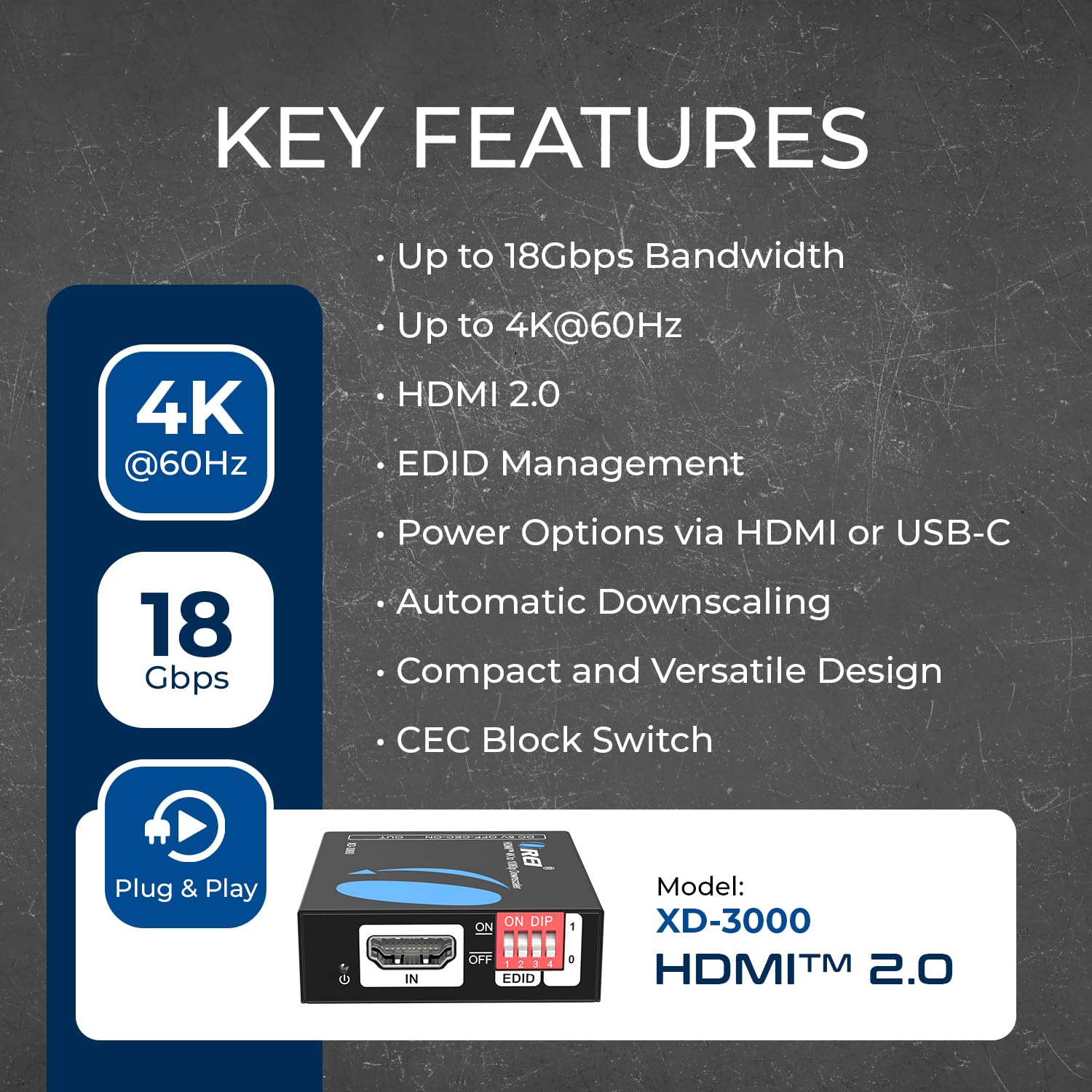 Downscaler HDMI XD-3000 - Convertitore HDMI 2.0 da 18 Gbps con 4K@60Hz (4:4:4), HDCP 2.2, gestione EDID, blocco CEC, alimentazione USB-C