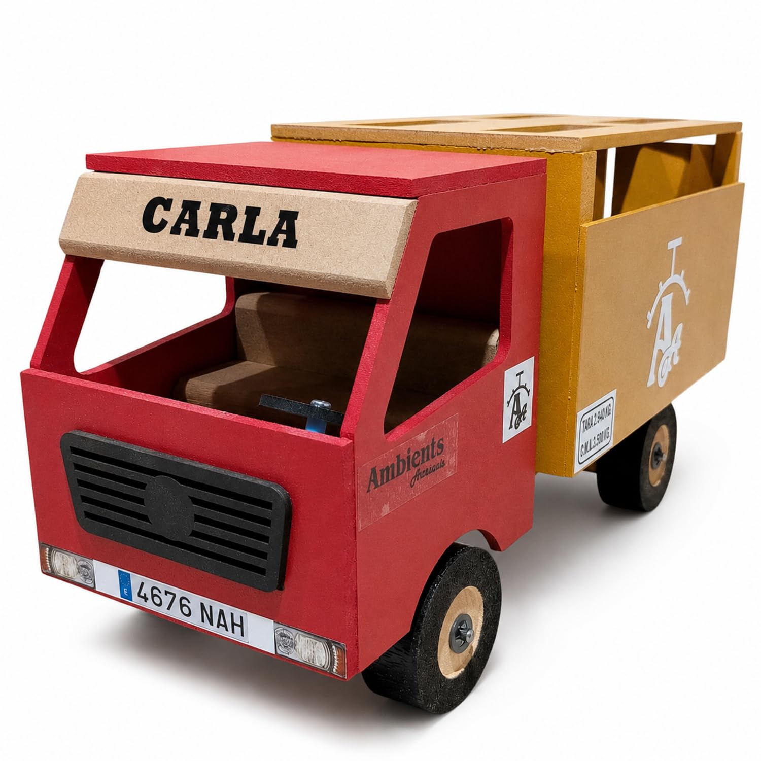Camión de Toros Personalizable de Juguete, Transporte Taurino Artesanal MDF con Rampa Funcional, Incluye 6 Toritos, Vehículo Tradicional Infantil Decorativo, Regalo Original 30x13x19 cm