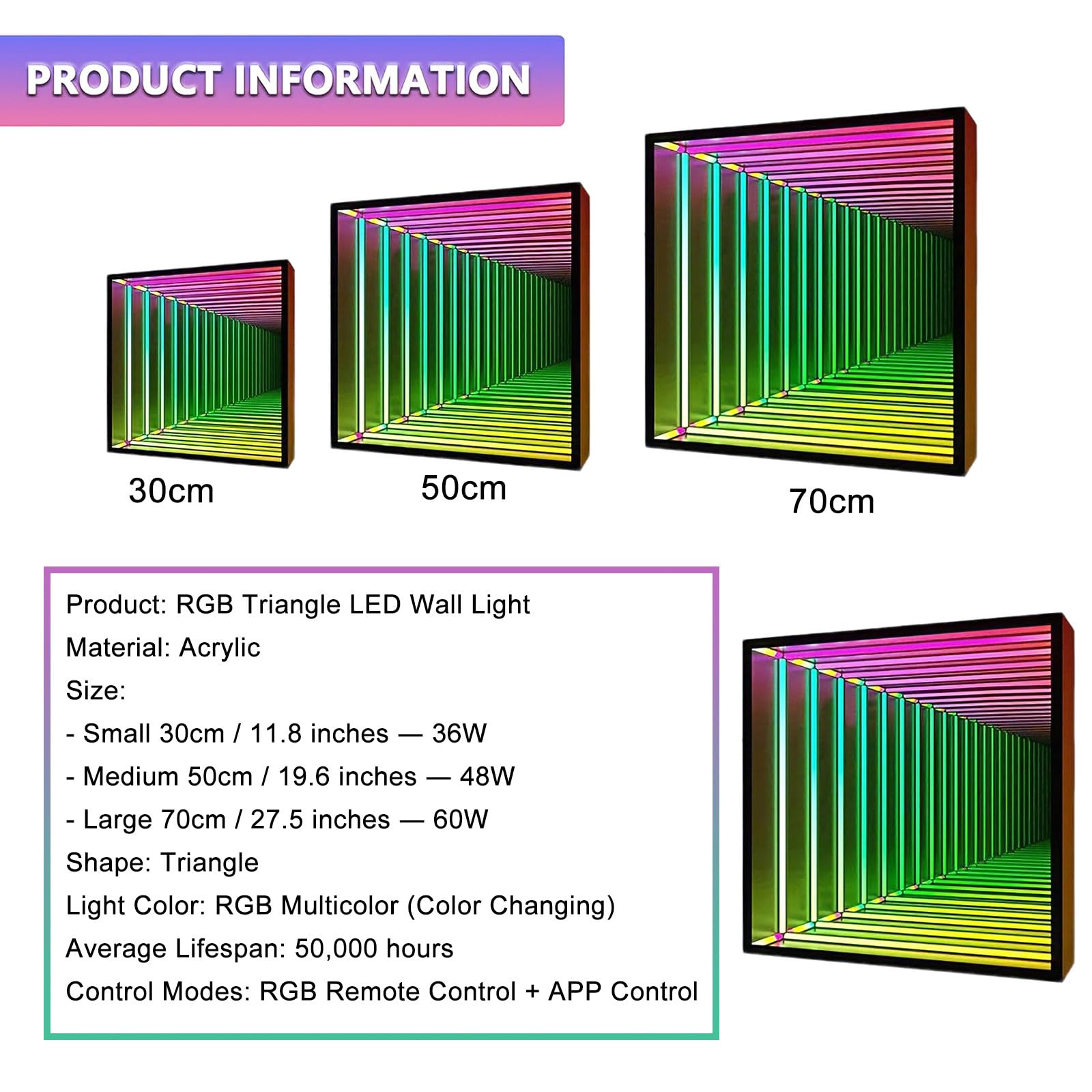 Intelligente RGB-Infinity-Spiegel-Wandleuchte, 3D-LED-Nachtlicht mit App- Und Fernbedienungssteuerung, 358 Farbmodi, Für Gaming-Zimmer, Schlafzimmer Und Bar-Dekoration Square-50cm