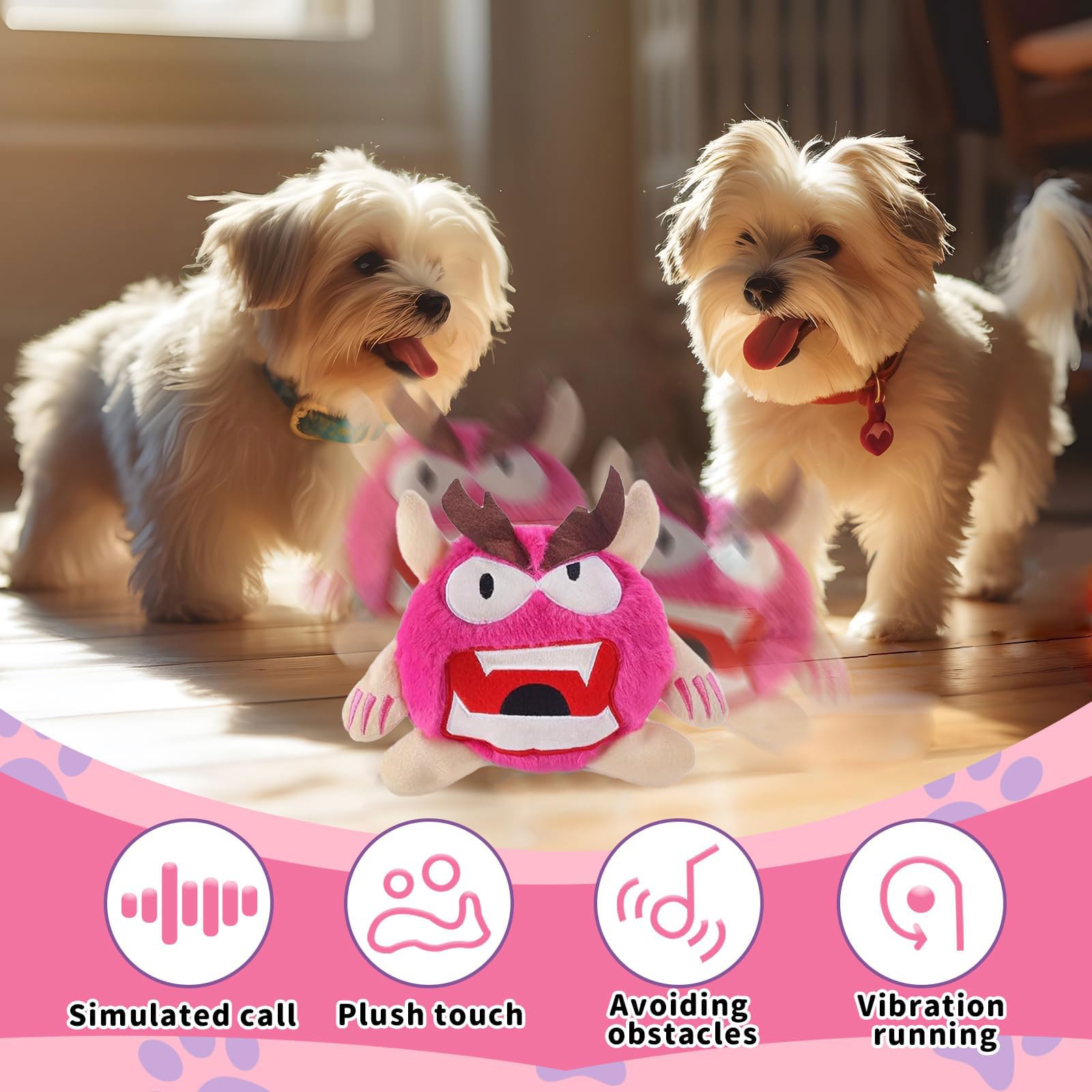 Jouets interactifs pour chien pour l'ennui - Balle en peluche interactive en forme de monstre - Jouet couineur pour chien - Jouet électronique d'exercice pour chiot - Rose