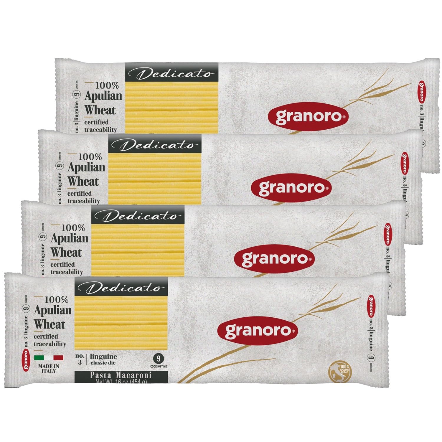 Granoro Dedicato Linguine #3- Authentic Italian Pasta, Made from 100% Puglia Durum Wheat Semolina, Non-GMO, Vegan, 1 lb Bags (Pack of 4)