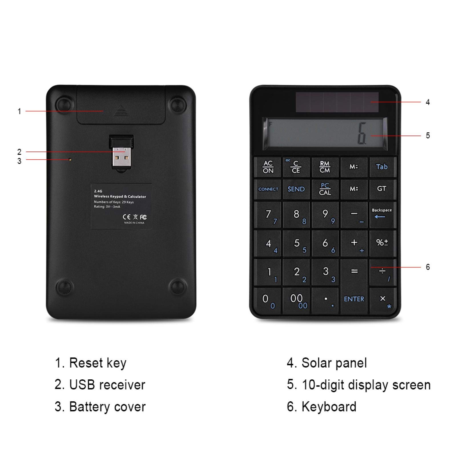 Teclado numérico 2 en 1, Mini USB 2.4G Inalámbrico 2 en 1 29 Teclas Teclado numérico Teclado y calculadora con Pantalla LCD Apto para Windows xp/Vista/7/8/10