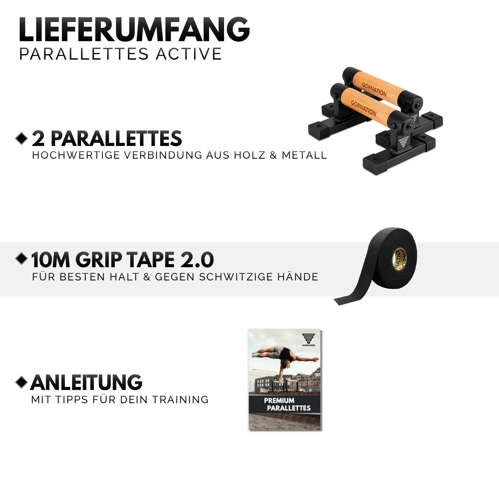 GORNATION Parallettes, inkl. Grip Tape, Calisthenics Equipment für Handstand & Push Ups, Liegestützgriffe mit Griffen/Stangen aus Holz, Push-Up Bars für Fitness zuhause & Outdoor