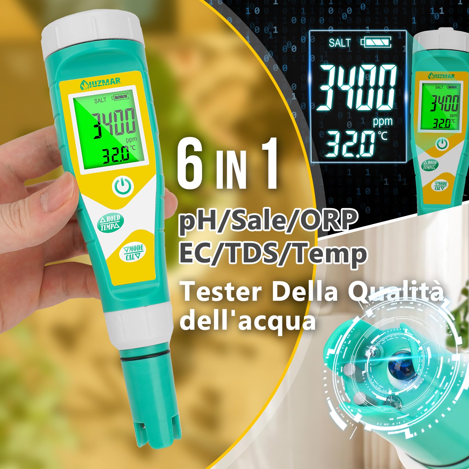 UIUZMAR Misuratore di pH e ORP Redox Salinità Piscina, 6 in 1 Tester | pH Sale Redox EC TDS per Piscina di Acqua Salata, Misuratore pH EC TDS per Idroponica, Acquario, Acqua Potabile