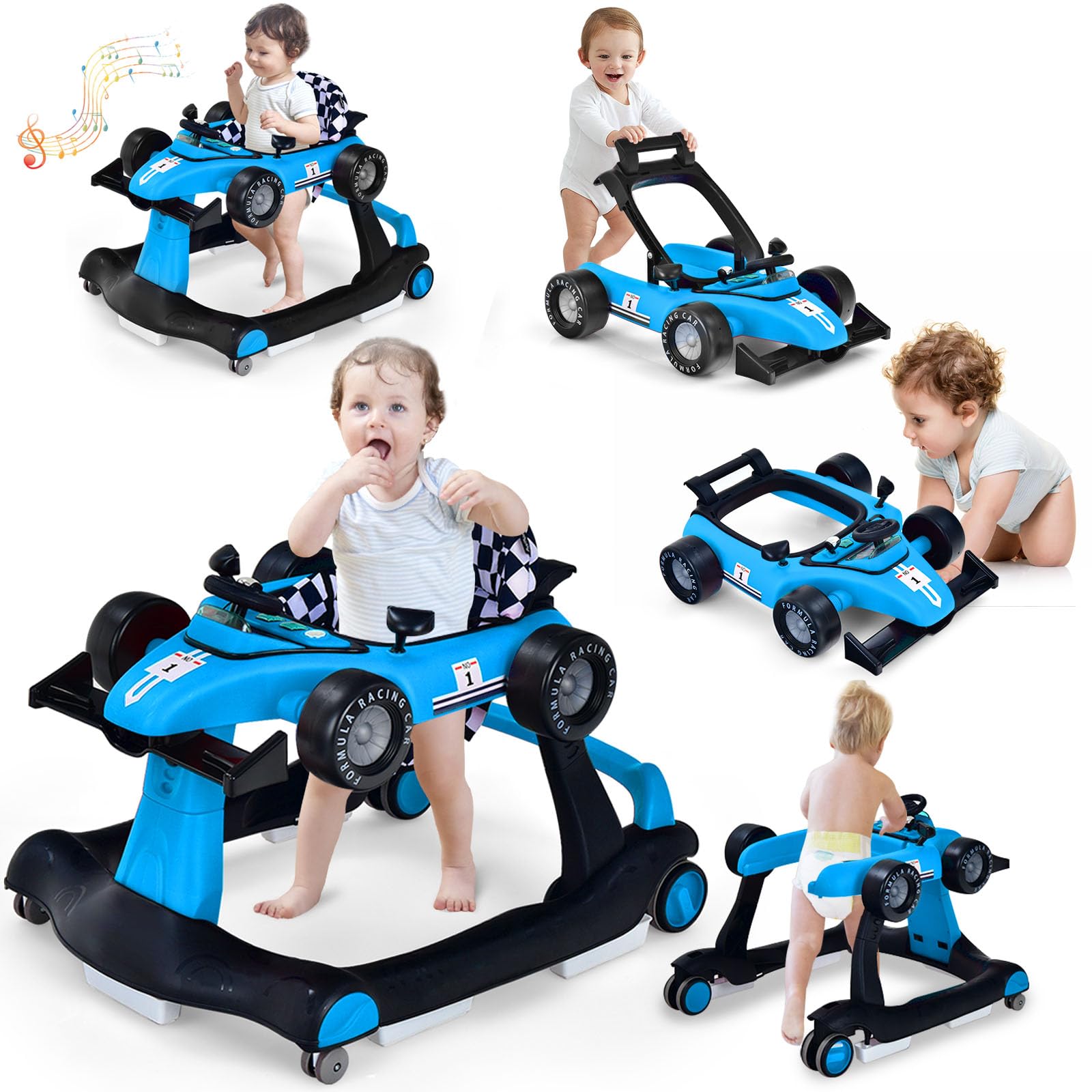 S AFSTAR 5-in-1 Baby Walker, Foldable Activity Car Walker with Adjustable Height Seat and Speed, Noiseless Smooth Wheels, Music & Light, Anti-Rollover