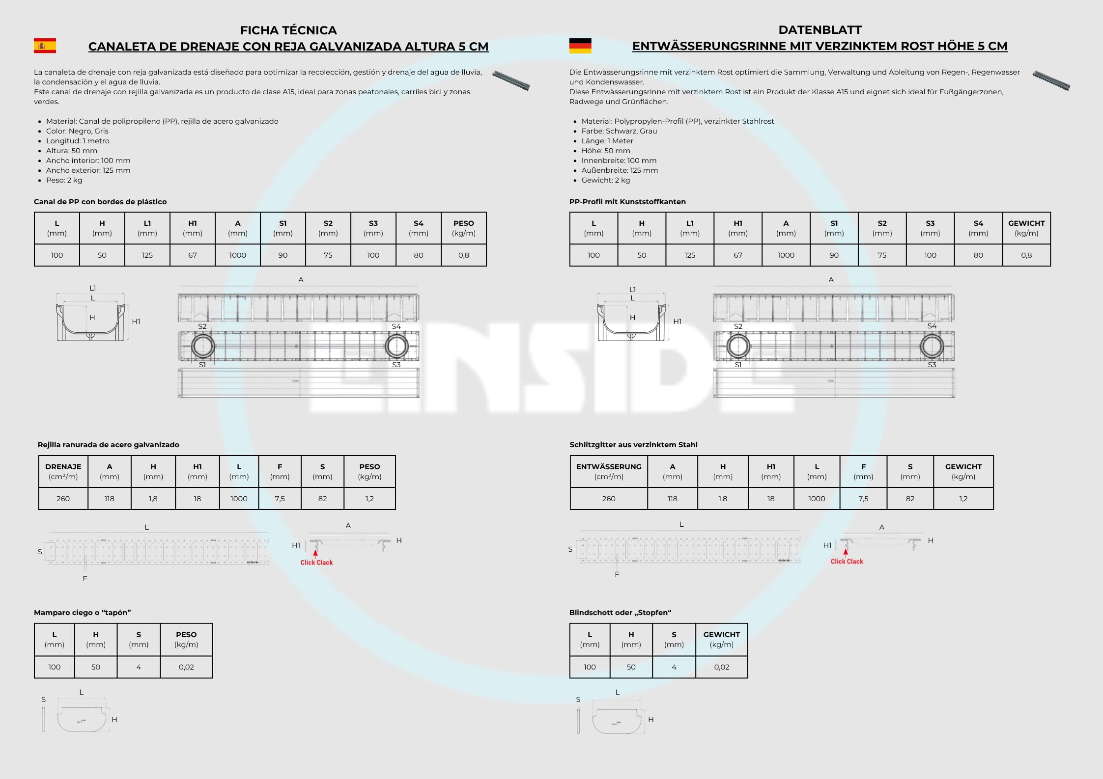 EINSIDE Entwässerungsrinne, Terrassenrinne, Stahlrost verzinkt, Ablaufrinne für Abwasser und Regenwasser, Höhe 50 mm, 3 Meter | Set mit 2 Endkappen