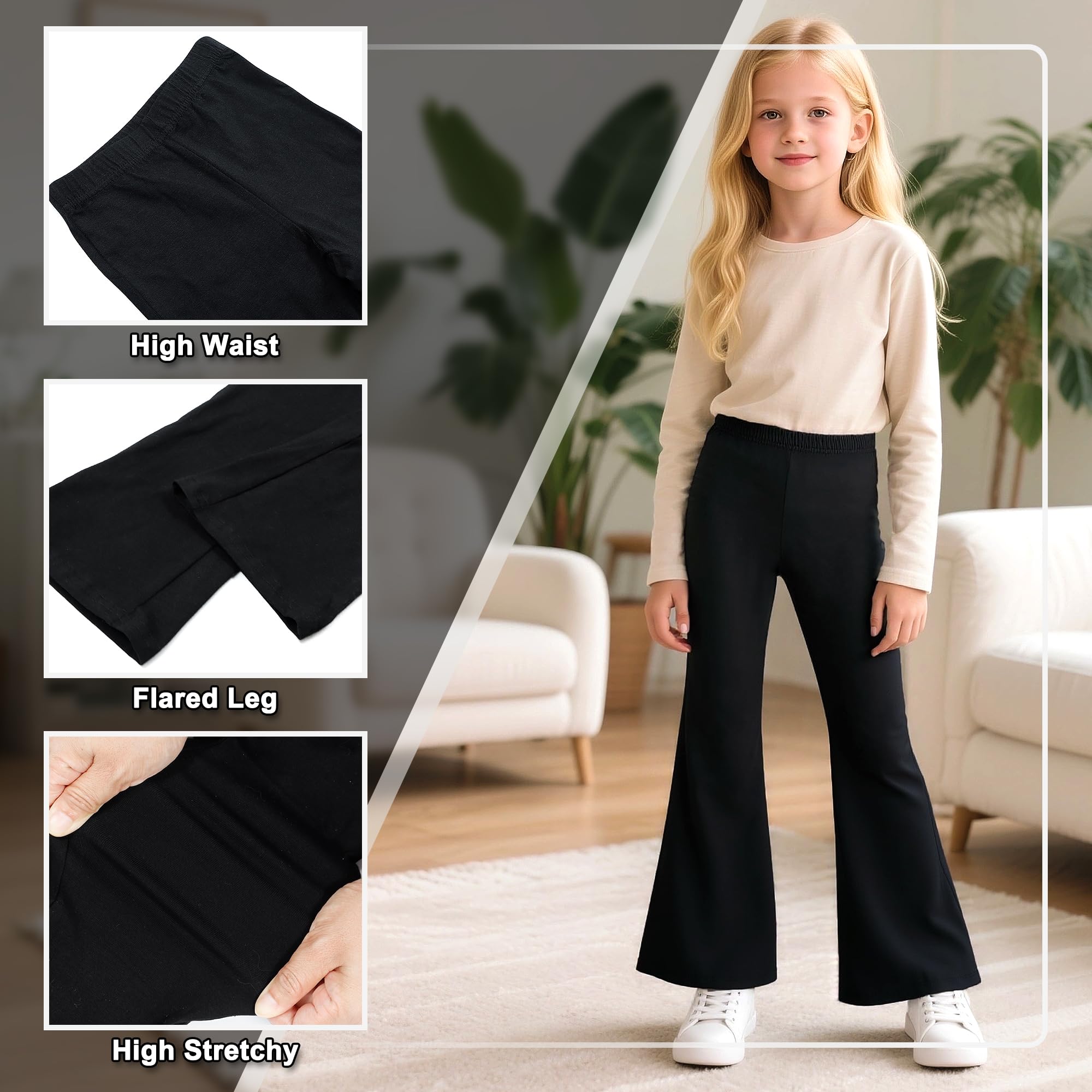 Leggings Flare pour Fille, Lot de 2, Coton Respirant Elastique Bootcut Legging,Couleur Unies Décontracté Doux Danse Sport Pantalon évasé Enfant Vêtements âge 5-16 Ans