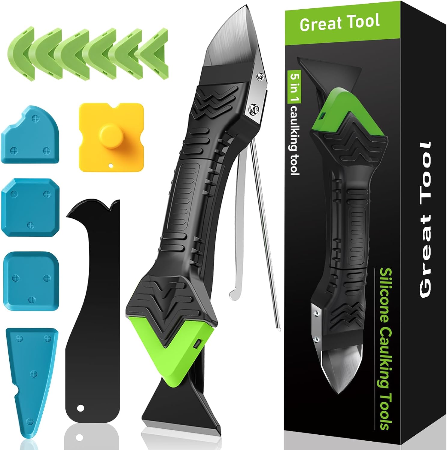 5 in 1 Silicone Caulking Tool Kit, Caulk Remover Tool with Stainless Steel Head,Caulk Finishing Tool with Different Angles,Grout Removal Tool for Kitchen Sink Washroom Floor Bathroom Toilet Caulking