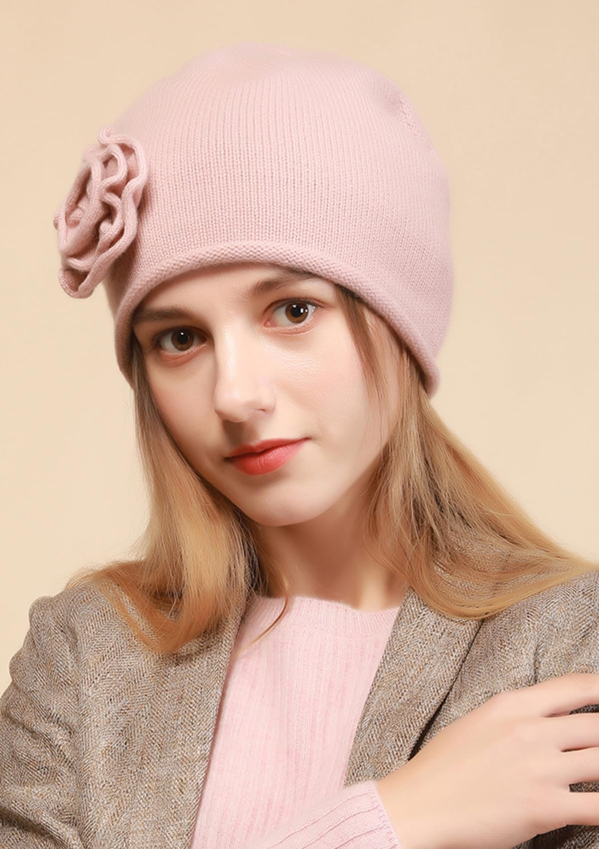 YUONNY Damen Gestrickte Beanie Mütze und Handschuhe Set, 100% Kaschmir Weich Warme Strickmütze & Fäustling Vollfinger mit Handgefertigter Handhaken Blume, Frauen Herbst Winter Mode 2-in-1 Geschenkset