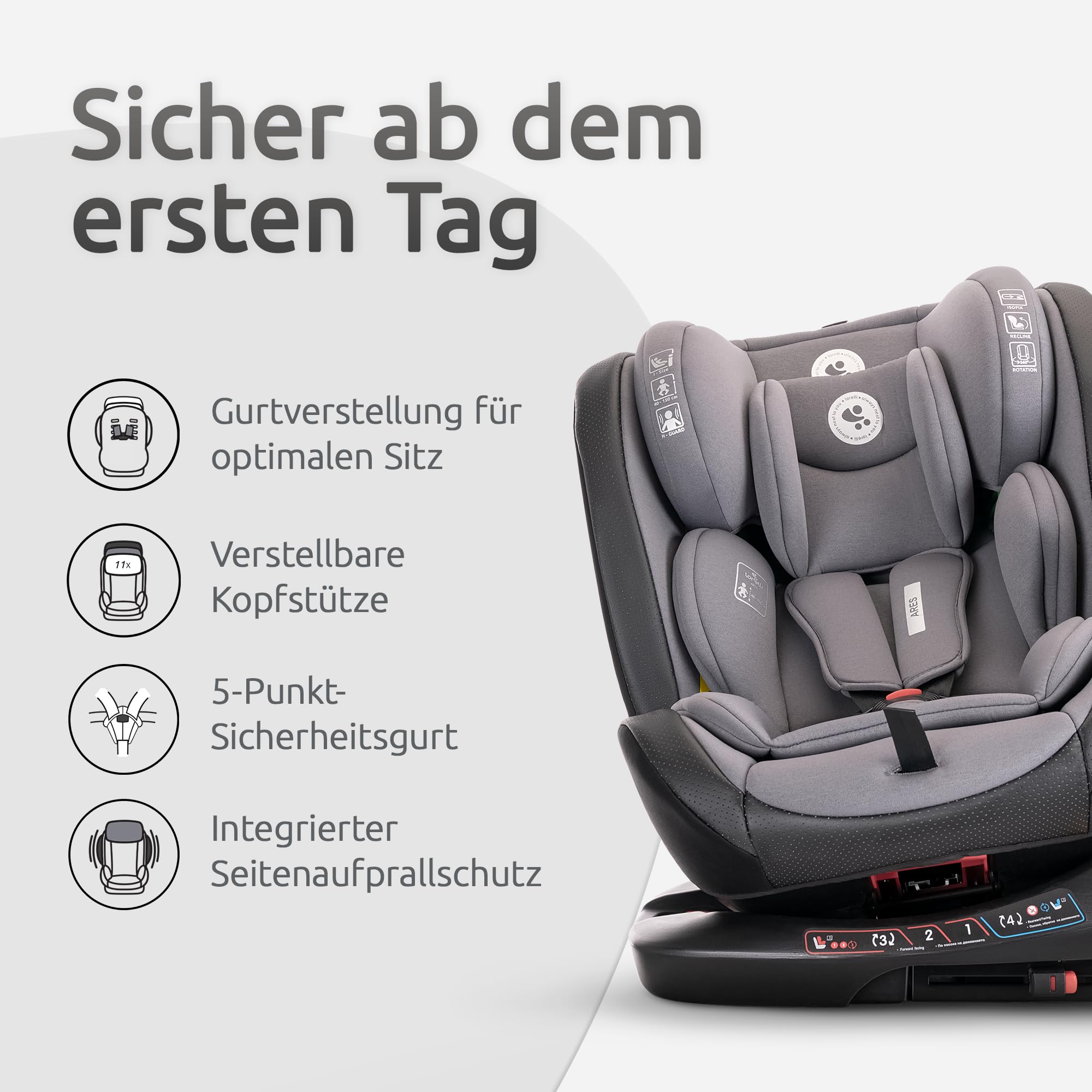 Lorelli Auto Kindersitz Ares mit Isofix, 360 Grad drehbar, (0-36 kg) Mitwachsender Autositz i-Size 40-150cm - Gruppe 0+/1/2/3, Babysitz ab Geburt, 5-Punkt-Gurt, Einstellbare Kopfstütze, grau