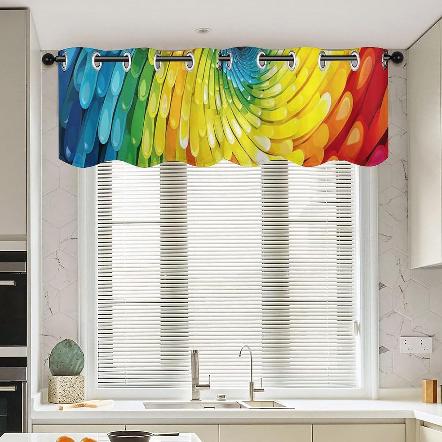 Rainbow Swirl Valances for Window 2 Panels. Light Filtering Curtains Farmhouse Short Small Valance.Modern Curtains for Windows Living Room Kitchen Over Sink.