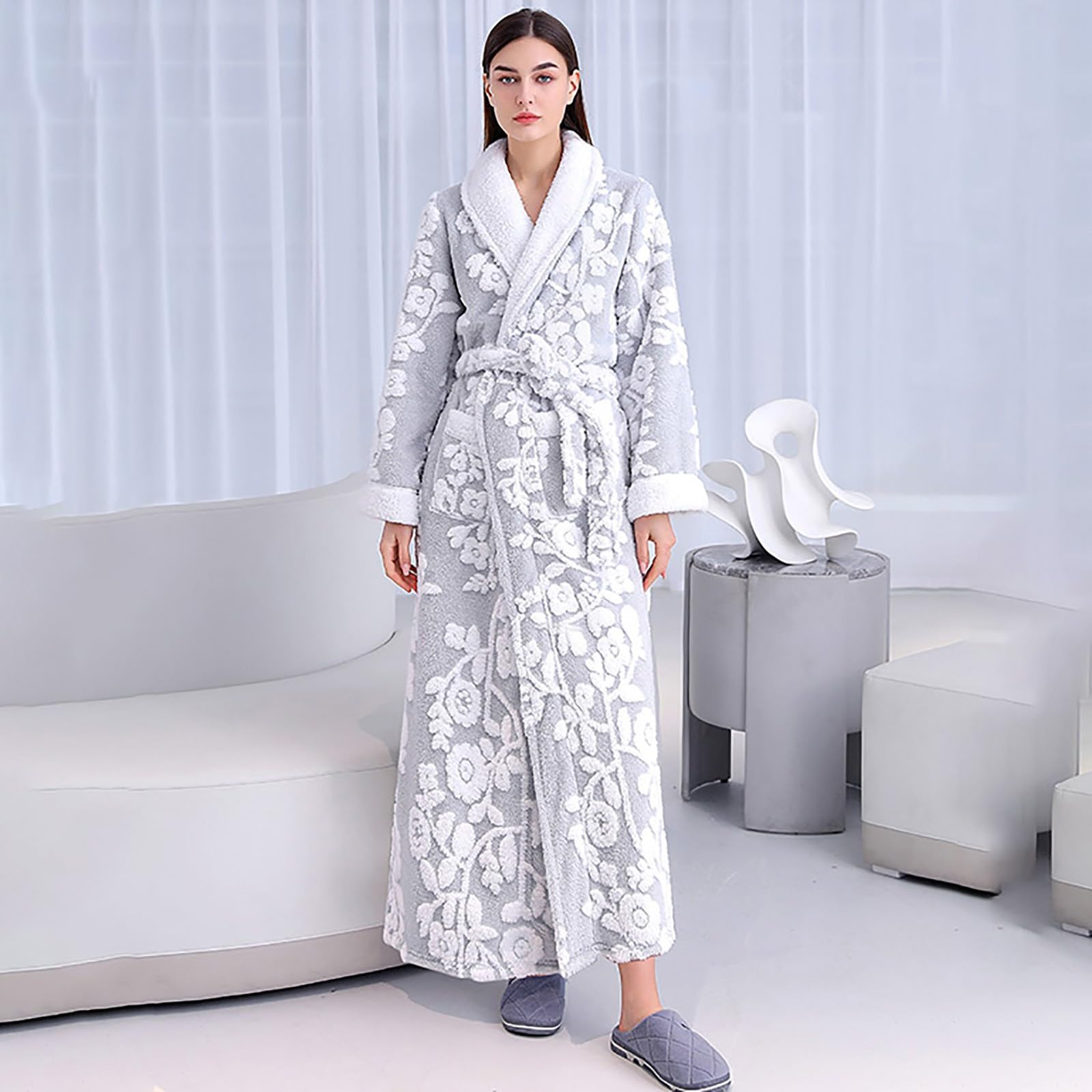 Bata de baño de forro polar para mujer, larga, cálida, mullida, con patrón de abrigo de casa, bata ligera para mujer, talla grande, maternidad