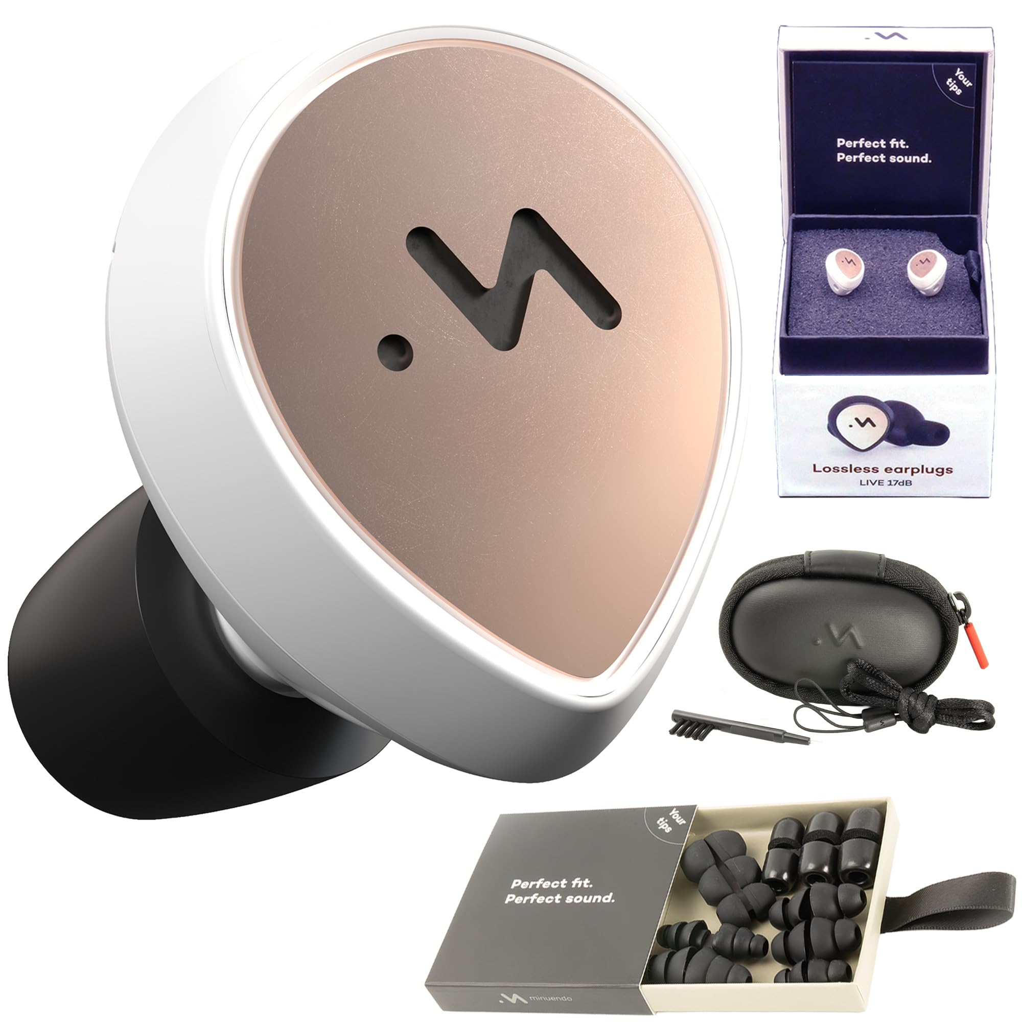 Minuendo LIVE concert earplugs | High Fidelity hearing protection for Clubs, Festivals etc.| Reusable with 11 tips/Leash/Case