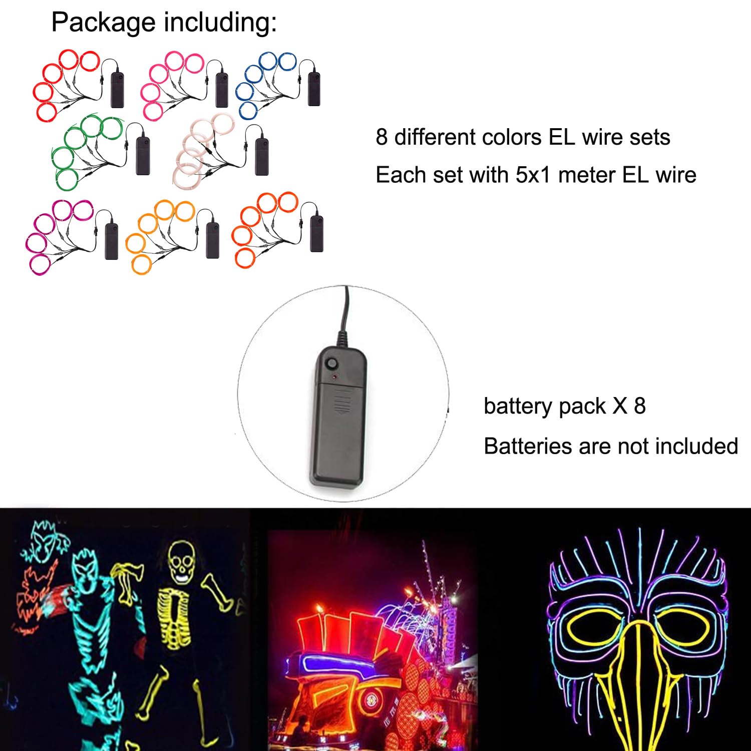 MaxLax Filo elettroluminescente, luci al neon portatili, confezione da 8 pezzi, 5 in 1 metro, per decorazioni di compleanno, feste di Natale, decorazioni fai da te