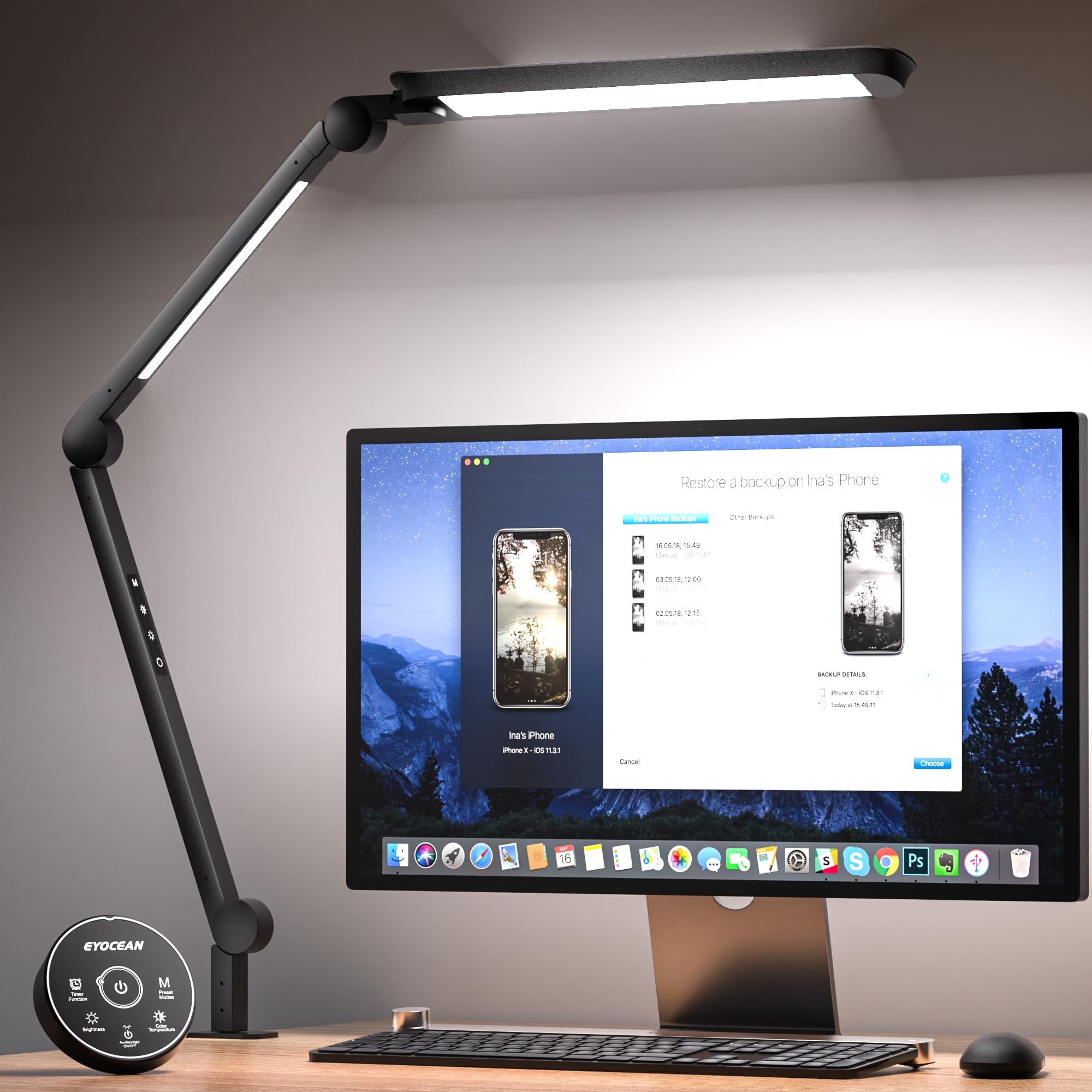 EYOCEAN LED Schreibtischlampe, Schwenkarm Architektenlampe Arbeitsleuchte, Duale Lichtquelle Büro Tischlampe, 15W Einstellbare Helligkeit und Farbtemperatur, Augenschutz Klemmleuchte