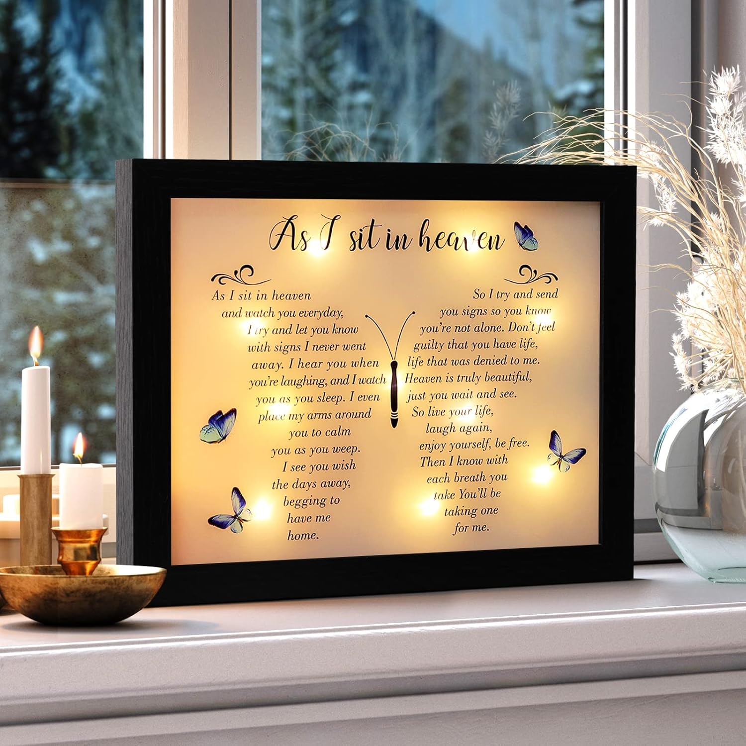 Fabuday Memorial Gifts Bundle - 32'' Sympathy Wind Chimes & 8x10'' LED Shadow Box for Loss of Loved One, Unisex, Black Letter Print, Living Room, Family Room
