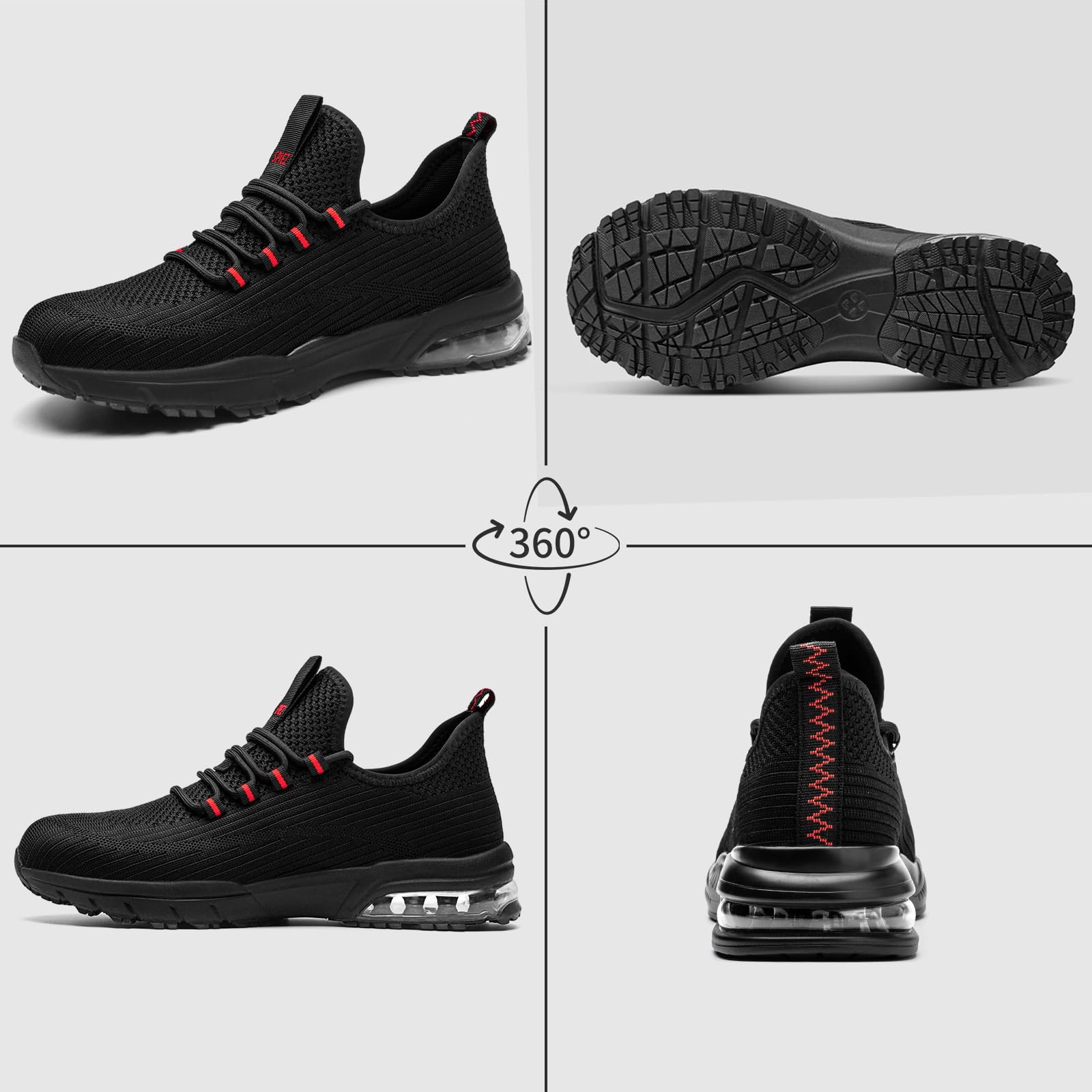 SPIEZ Chaussures De Sécurité Hommes Femmes, Légère Basket De Travail à Coussin d'air, Slip-on, Noir/Rouge EU 37-46