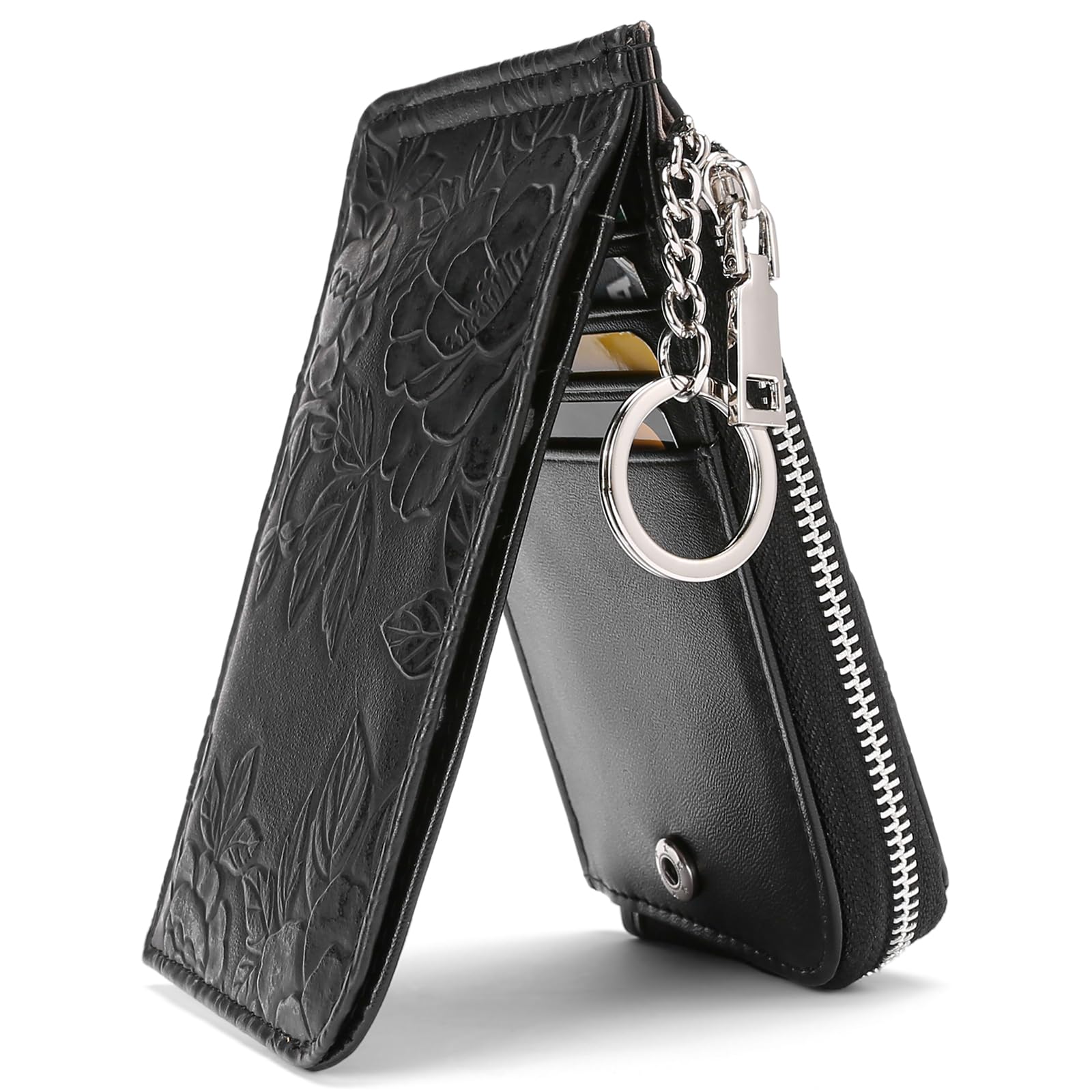 GAEKEAO Small Credit Card Holder Wallet for Women RFID Leather Slim Wristlet Keychain Wallets With Zipper Pocket