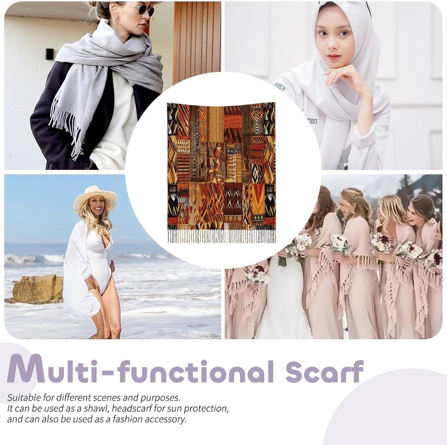 African Textile Patchwork Winter Scarf for Women Soft Tassel Scarves Oversized Wraps Long Shawl Cold Weather Thick Blanket Scarfs