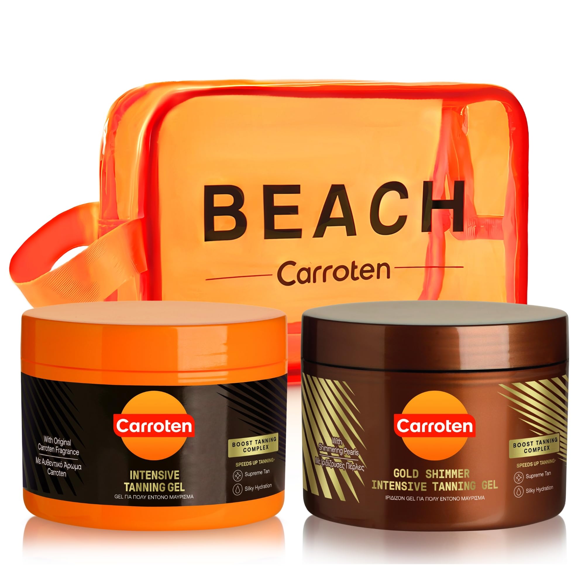 Carroten Set de 2 Accélérateurs de Bronzage - Kit Bronzant avec Gold Tanning Gel 150 ml et Intensive Tanning Gel 150 ml, y compris Sac de Toilette