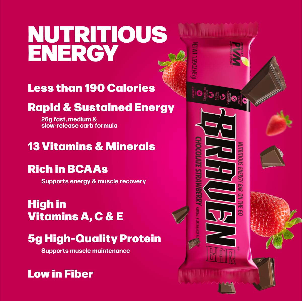 Braven Bar Chocolate Strawberry Energy Bars (1.59 oz, Pack of 10) – Energy Chews with 5g Protein – On-the-Go Energy Snacks for Running, Hiking, and Sports - Gluten Free Snacks
