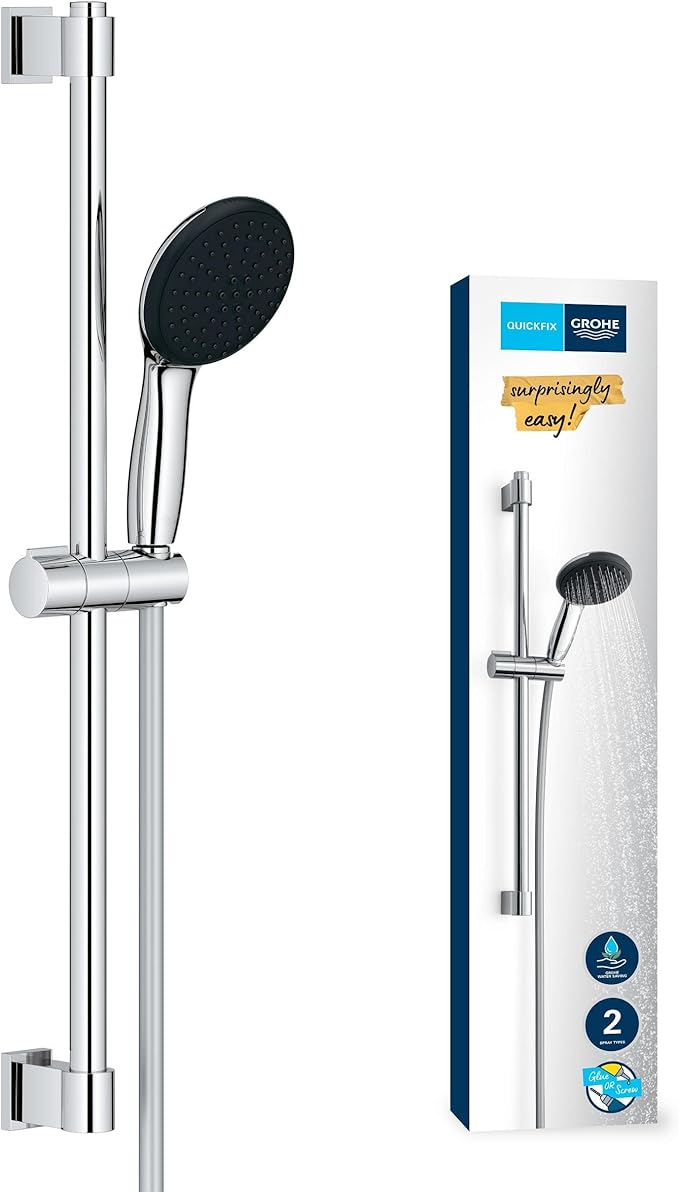 GROHE Vitalio 110, Duschset wassersparend, 8l pro Min (Brausestangenset mit: Duschkopf 2 Strahlarten, 1,75m Schlauch, Duschstange 60cm, zum Kleben oder Bohren, ohne Kleber), rund, chrom, 27948001