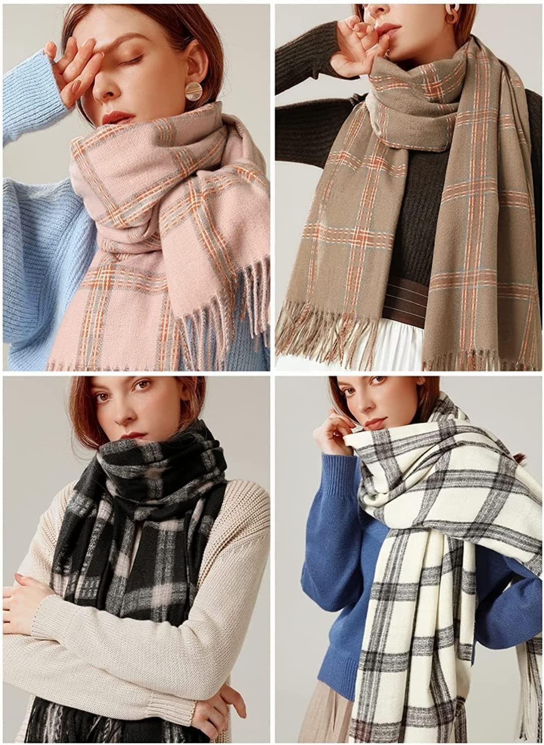 Neu Synthetischer Wollschal, Warmer Winterschal mit kariertem Muster, Dicker weicher Fransenschal, modischer Damen-Wickelschal 65 * 180 cm Mehrweg